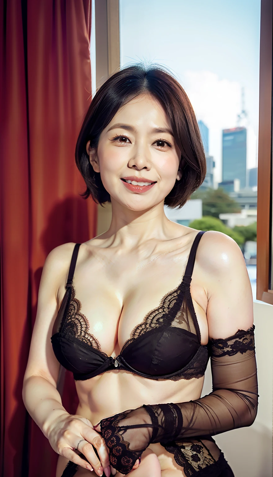 (8K、RAW Photos、top-quality、masterpiece:1.2)、(realisitic、Photorealsitic:1.37)、女の子1人、japanes、70s、A MILF、A city scape、natta、profetional lighting、Photon mapping、Radio City、torn、Colossal tits、nipples sticking out of a small bra、The tips of the are sticking out、areola protruding、The shape of the pubic area is clearly visible、Older、Lots of lashes、Lame on the eyelids、pitch red lip、Lace Bra、Lace panties、pubick hair、the lower abdomen bristles、A slender、crotch open、My are big and are about to spill out of my bra、Underwear with see-through、Pubic hair sticking out of underwear、Perfect fingers、ssex、Ring on ring finger、Licking a penis、