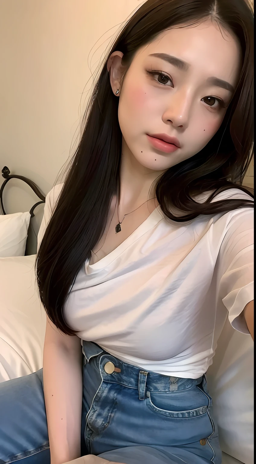 ((top-quality、8K、​masterpiece:1.3))、Beautuful Women、1 female、爆乳:1.3、Slender body type:1.1、Toned belly、dark brown hair、(wetting hair、Wet T-shirt:1.1)、Super Detailed Face、Detailed lips、A detailed eye、二重まぶた、on the bed、Emphasis on the chest、White Short Short Denim、Longhaire、Sleeping in bed、Legs wide open、Nasty crotch、odious breasts、Crotch wide open、Emphasis on the crotch