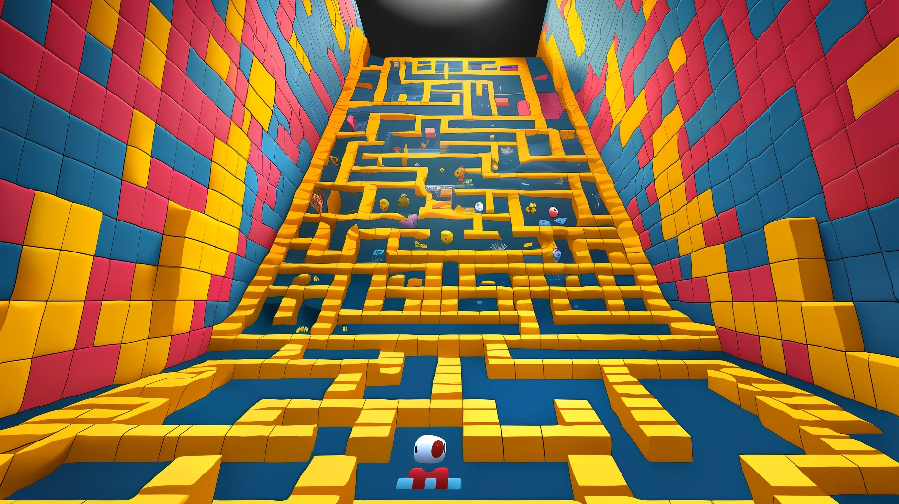 soft lighting in the scene, which highlights the contours of Pac-Man and the walls of the maze, creating a sense of depth and immersion. The color palette is mainly composed of shades of yellow, blue and black, which reinforce Pac-Man's identity as a video game icon. --auto --s2