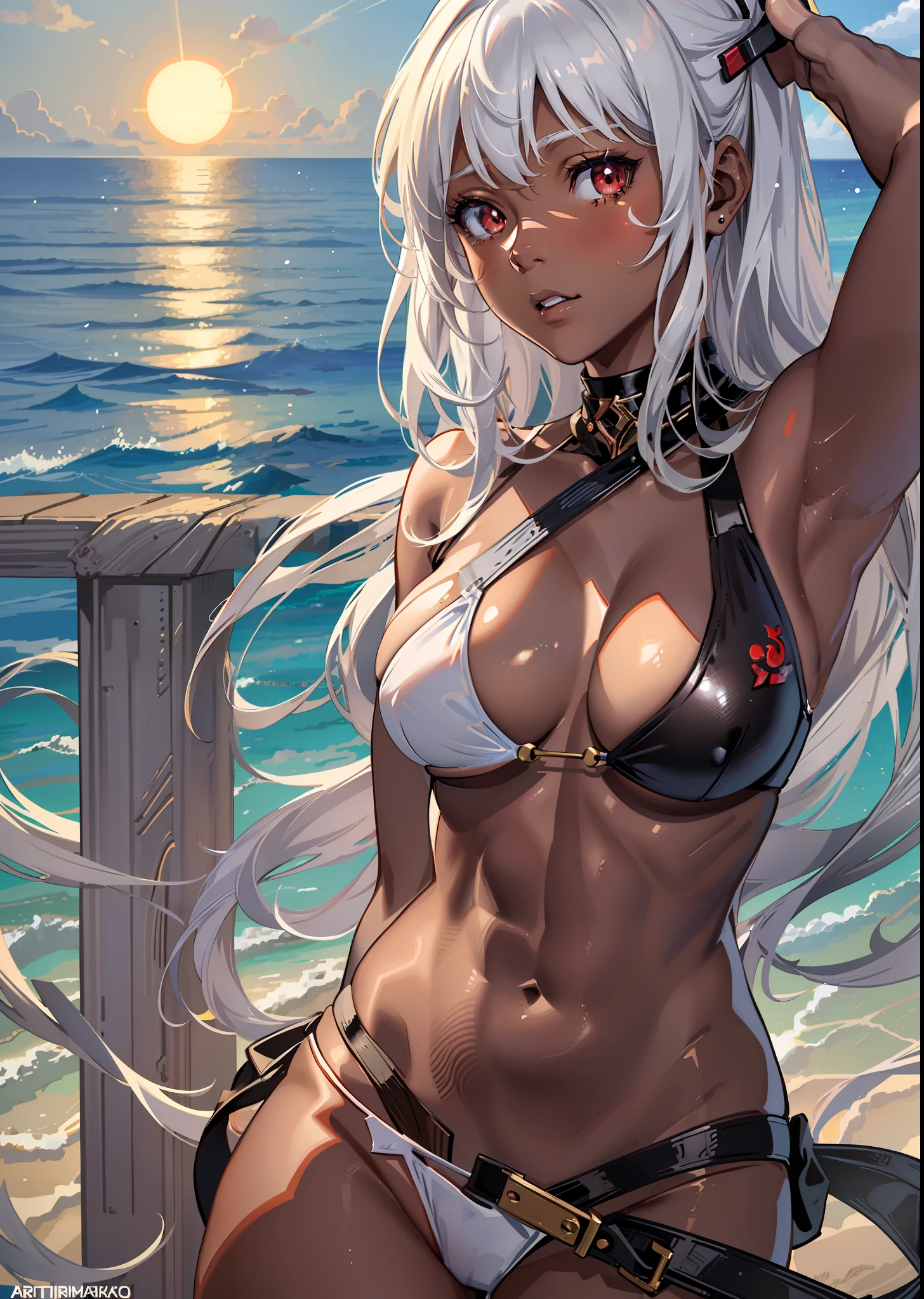 ((((masuter piece、top-quality、Healthy images、Long body、large full breasts、Split abs、Silver hair、Brown skin color、Red Eyes、Dynamic Poses、A look of shame、The bikini、maikurobikini、White Bikini)))、(((Very marked camel toe)))、sea side、Happy look、(((((Black skin))))),((((darkskin)))),((sun burn))、Realistic skin type、an anime girl、Detailed Digital Anime Art、A seductive anime girl、extremely detailed art germ、a hyperrealistic schoolgirl、Ilyakukvshinov、Smooth Anime CG Art、Ultra Realistic Woman、ig model、ArtGerm、photo-realistic anime girl、digital anime art