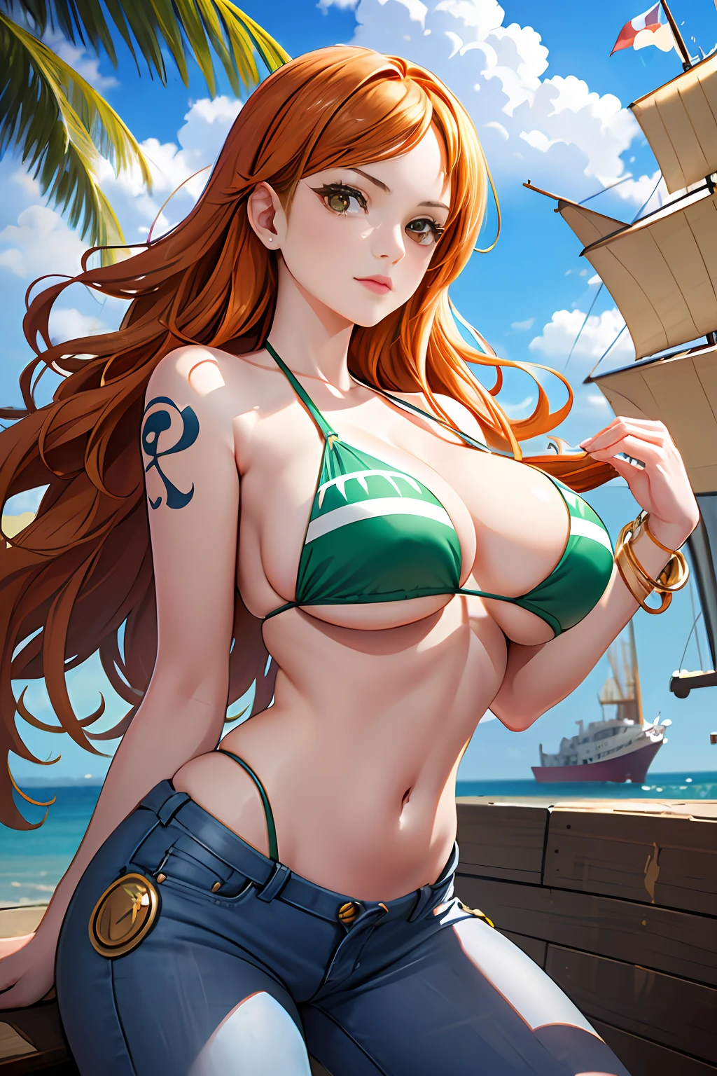 (((masterpiece+best quality+high resolution+ultra-detailed))), 1girl with clima-tact, Nami, long silky orange hair, high nose, sharp eyes, noble and inviolable temperament, (([female]: 1.2 + [beauty]: 1.2 + orange long hair: 1.2)), pirate ship background, blue sky, clouds, log pose, gold bracelets, revealing green and white bikini halter top, tight low-rider jeans, shoulder tattoo, bright eyes, dynamic angle and posture.