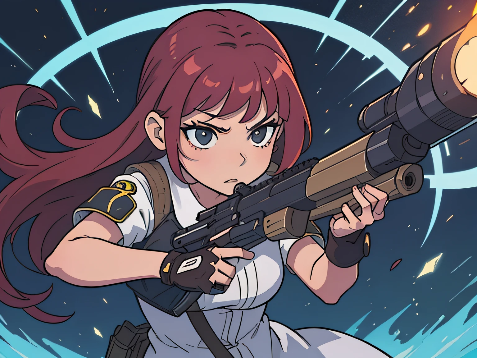 anime mulher pelada com arma com acessorios futuristas em cenario de guerra futurista