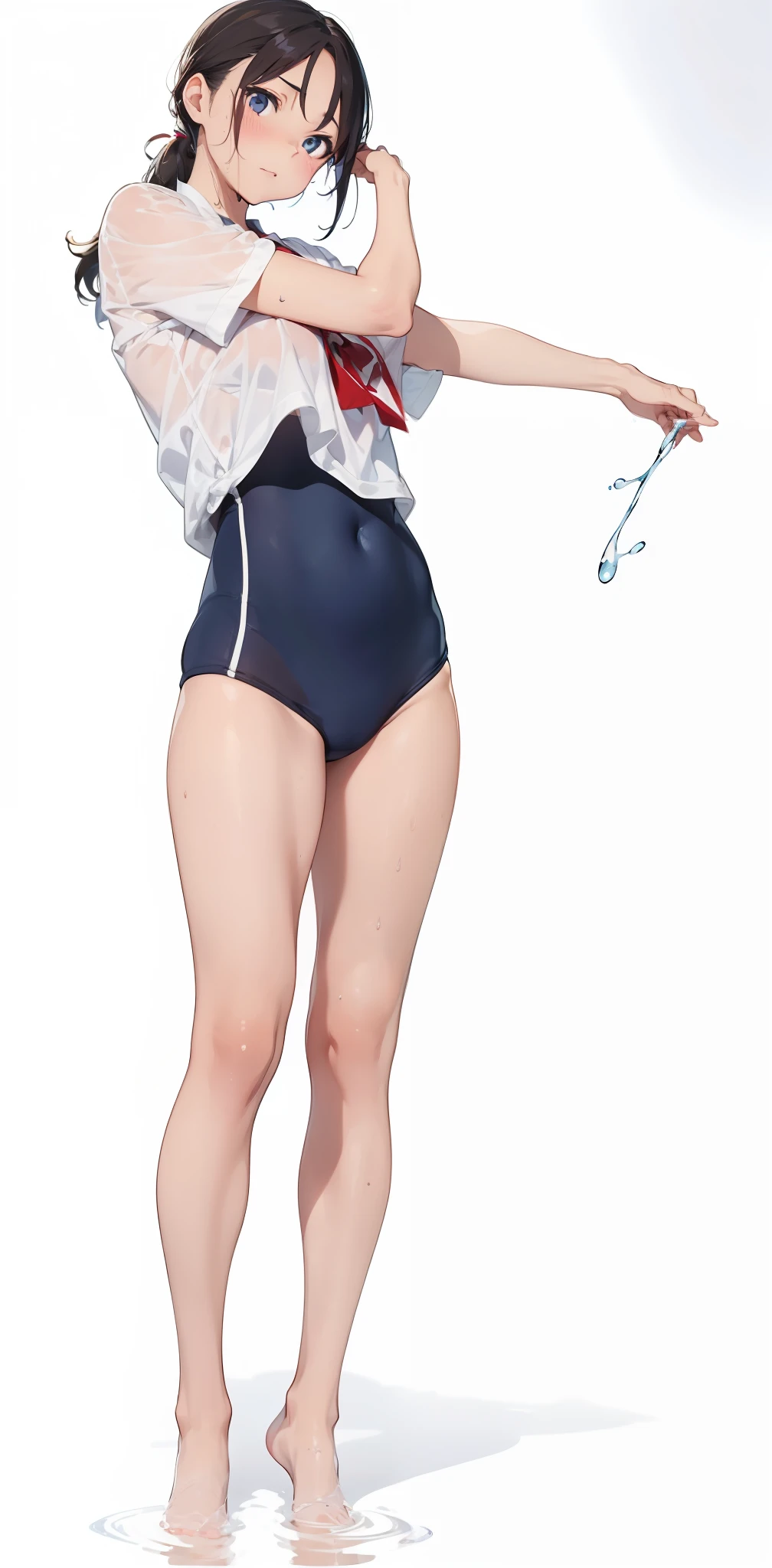 ((top-quality))、((​masterpiece))、1girl in、Formal-up、beautiful detailed eyes and face、pretty skin、Realistic、a very cute、22year old、School swim wear(Dark blue color、Simple design、Matte texture、Wrinkle、Wet、Polyester material、shadings、)Wet body、Anime Face、Beautie、Facing the front、big eye(Beautiful fece、Anime Face、Clear eyes、Fine details、beautidful eyes)Well-formed face(Beautiful nasal muscles、Perplexed、sharp mouth)full of sweat、sodden、Wet feeling、Background with(sunny sky、takeout)、8K picture quality、perfectly proportions、A slender、red blush、female focus on, hair adornments,length hair, Look at viewers,((pee))((pissing))((water dripping))