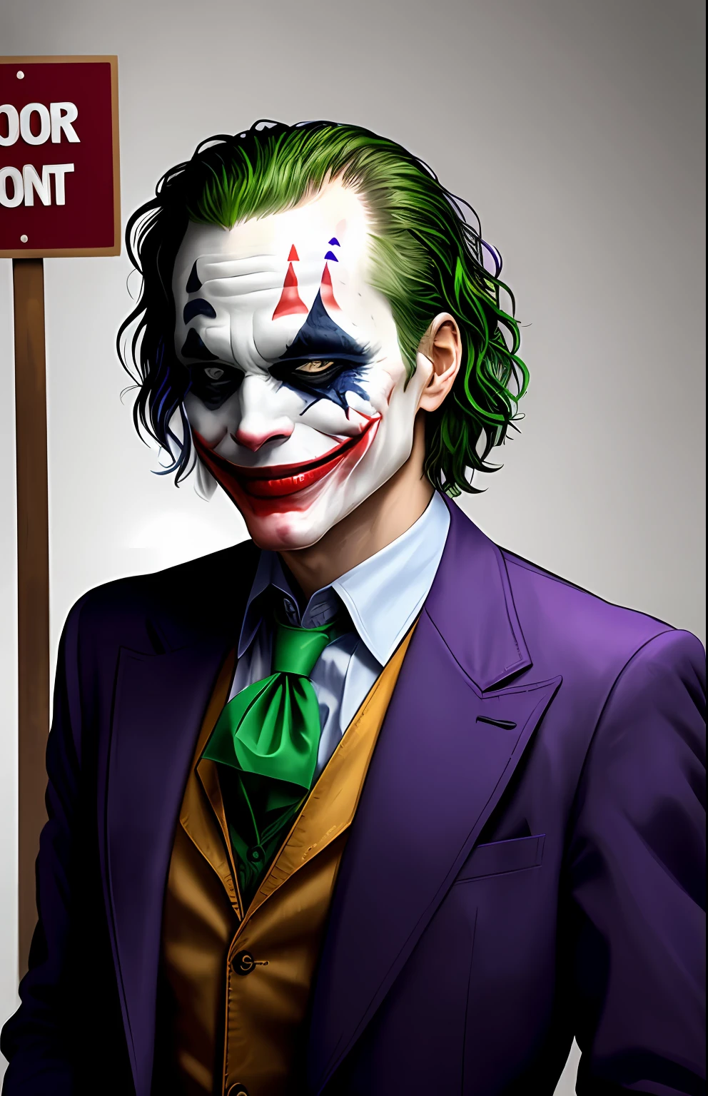 make an image of the joker smiling with a sign inscribed