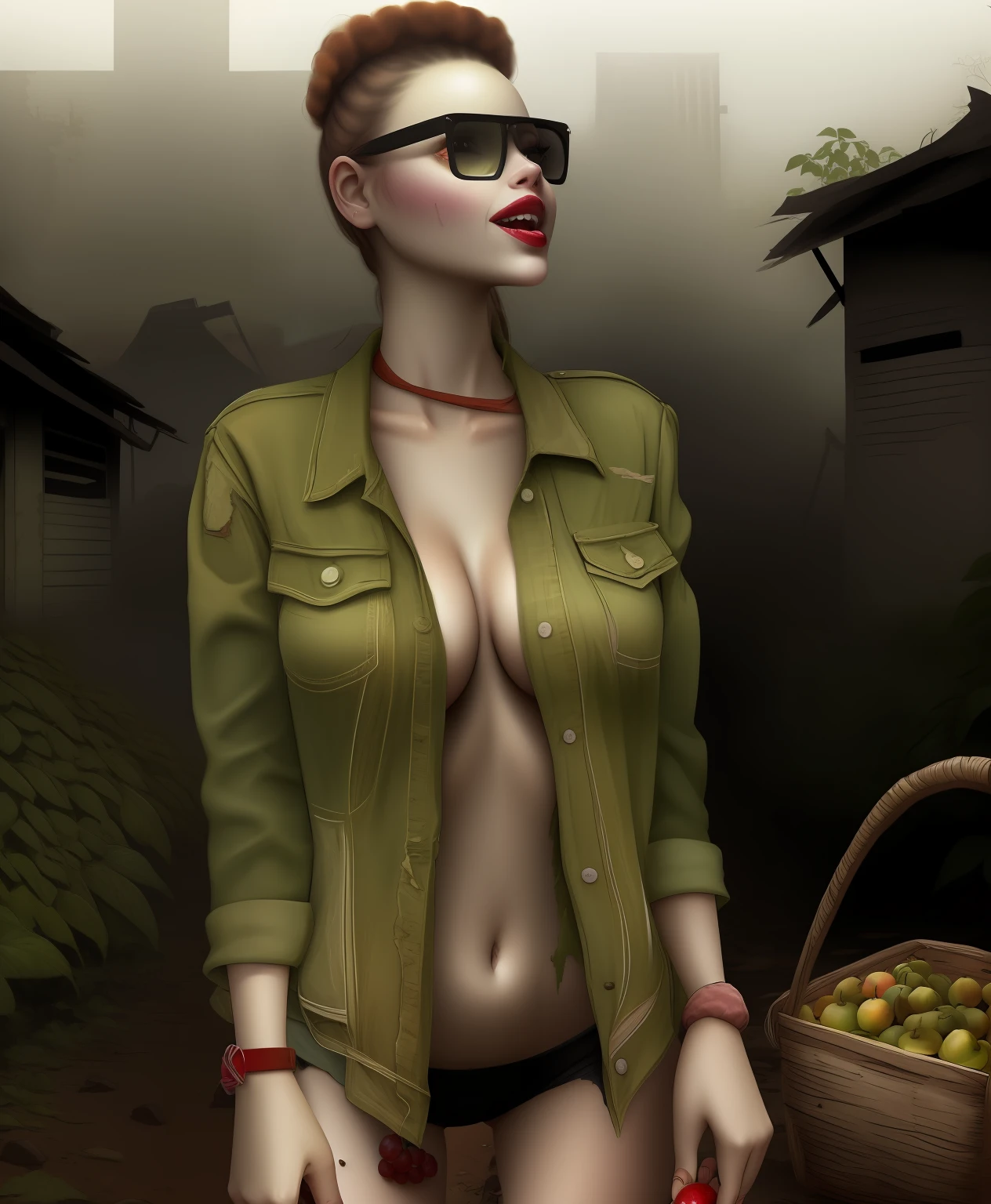 2076 AD urban decay wasteland, hunter gatherer women picking fruit in the garden, torn shirt, no zombies allowed,