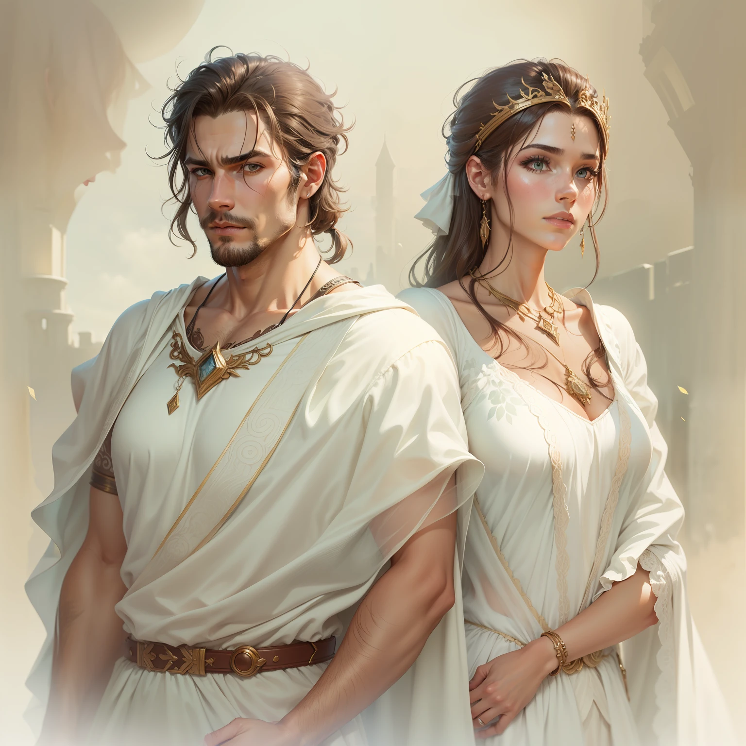 Twins, man and woman, fantasy characters, matching white Greek tunics, aloof, pretty, standing upright, fantasy art, character drawing, TTRPG, portrait