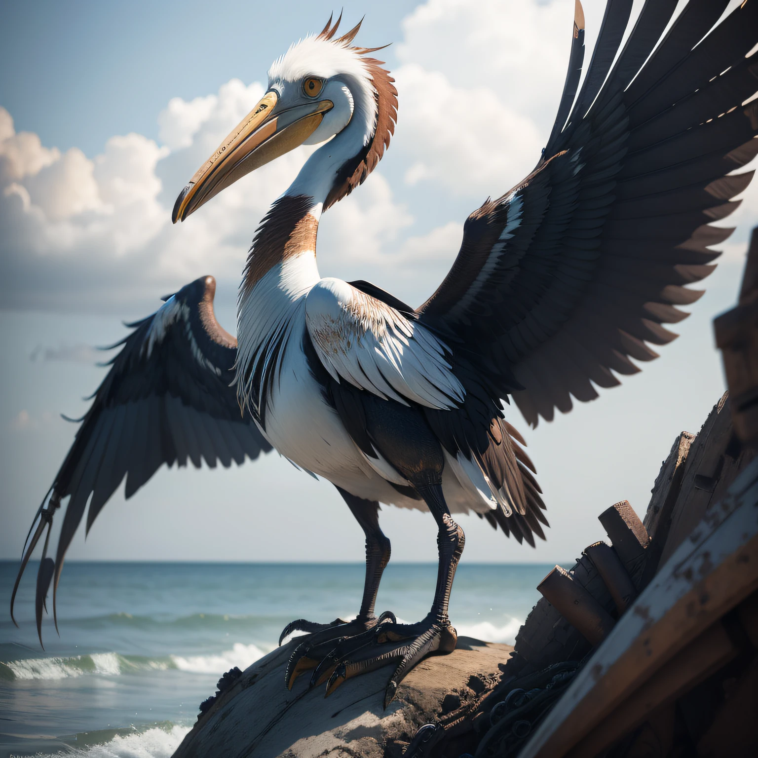 A rusted biomechanical pelican, dark body feathers, blue pipes are attached to the back of its wings