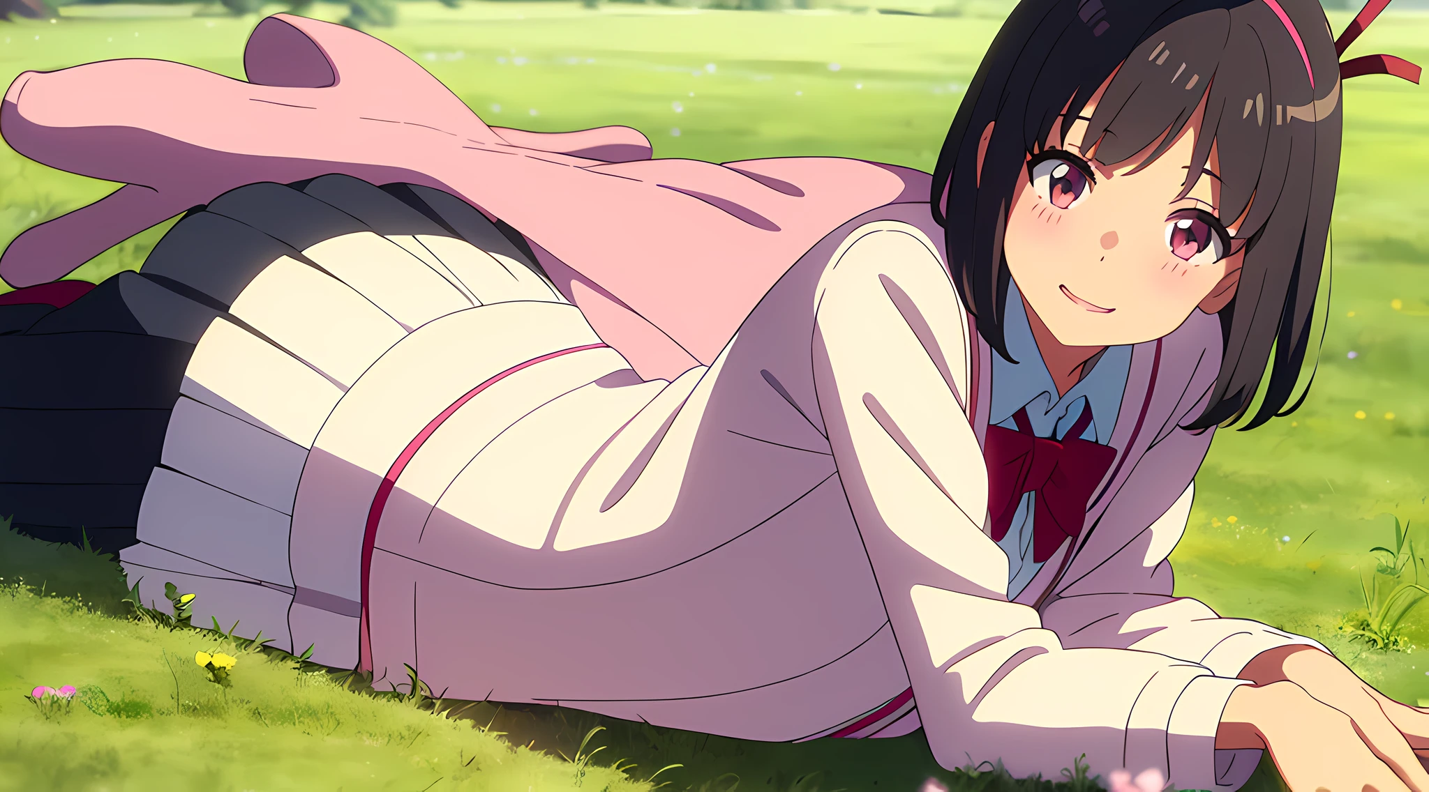 (Masterpiece:1.6, Best quality), (fine detailed beautiful eyes: 1.2), Colorful, Shinkai sincerely, Kimi no Nava., 1girll, bangs, Black hair, Blush, Brown eyes, looking at viewert, Red headband, Red ribbon, Short hair, full bodyesbian, Smile, Cute, solofocus, shirt, Long sleeves, Smile, cheerfulness, Open mouth, White shirt, Jacket, Cardigan, Skirt, Blush, Collared shirt, letterboxed, Pink jacket, Pink cardigan, Dress shirt, Open clothes, anime coloring, brownfootwear, Arms up, Lying, lying on the grass ground, Grass