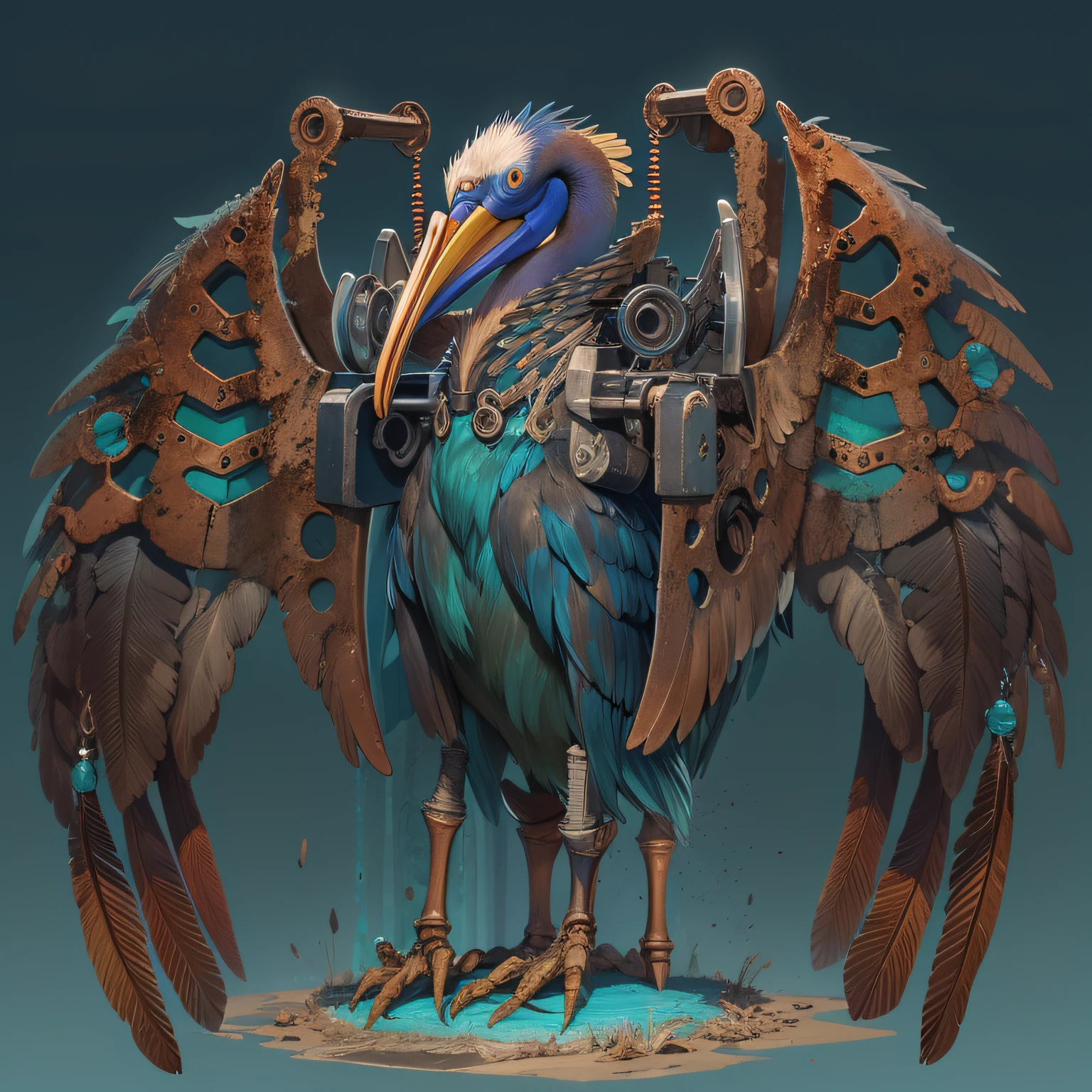 A rusted biomechanical pelican, dark body feathers, blue pipes are attached to the back of its wings
