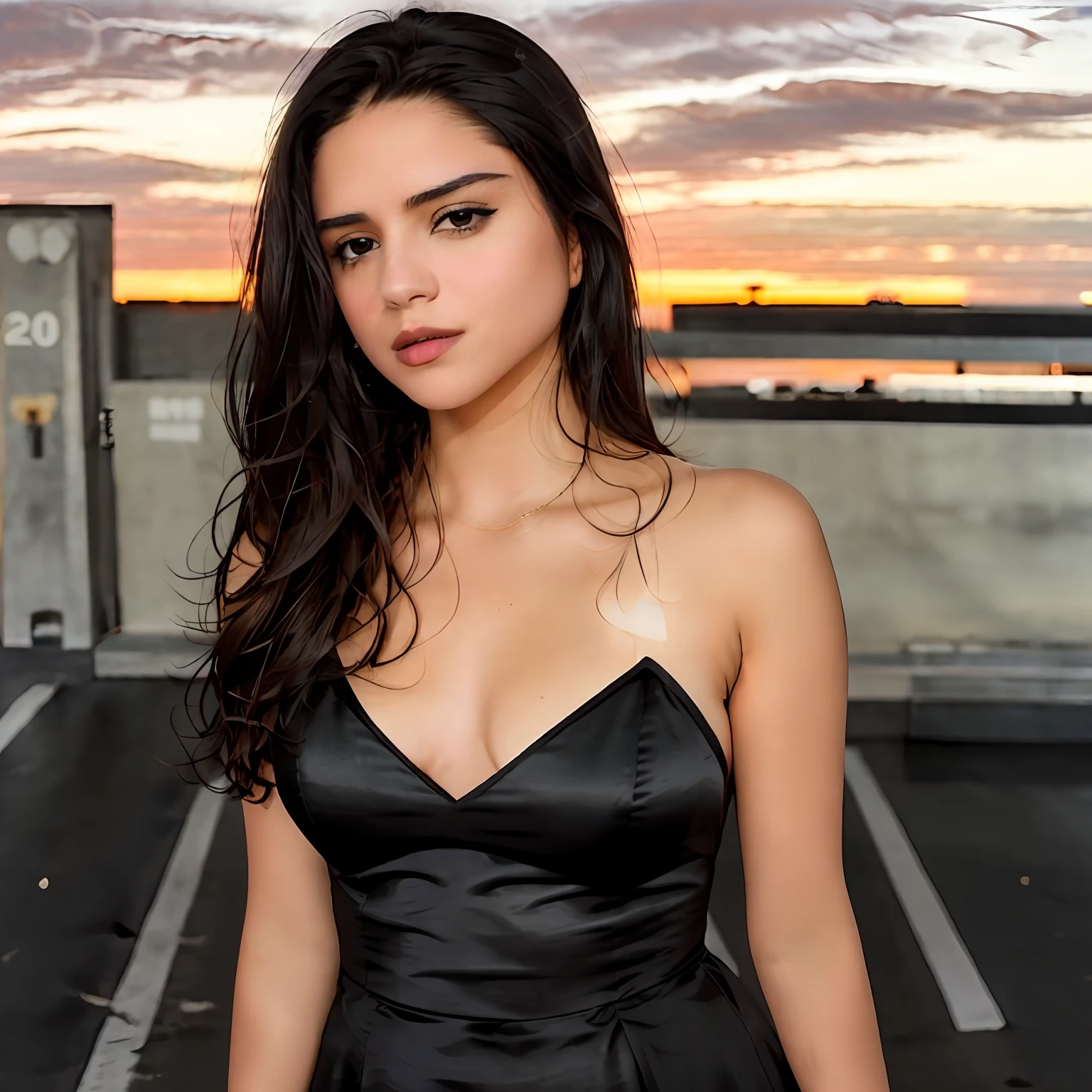 photo of Sasha Calle in a black dress, black hair, short hair, tan skin, makeup, dark lips, standing in a city parking lot at night, dark background, sunset, detailed skin, detailed eyes, depth of field, 8k uhd, dslr, dim lighting, high quality, film grain,