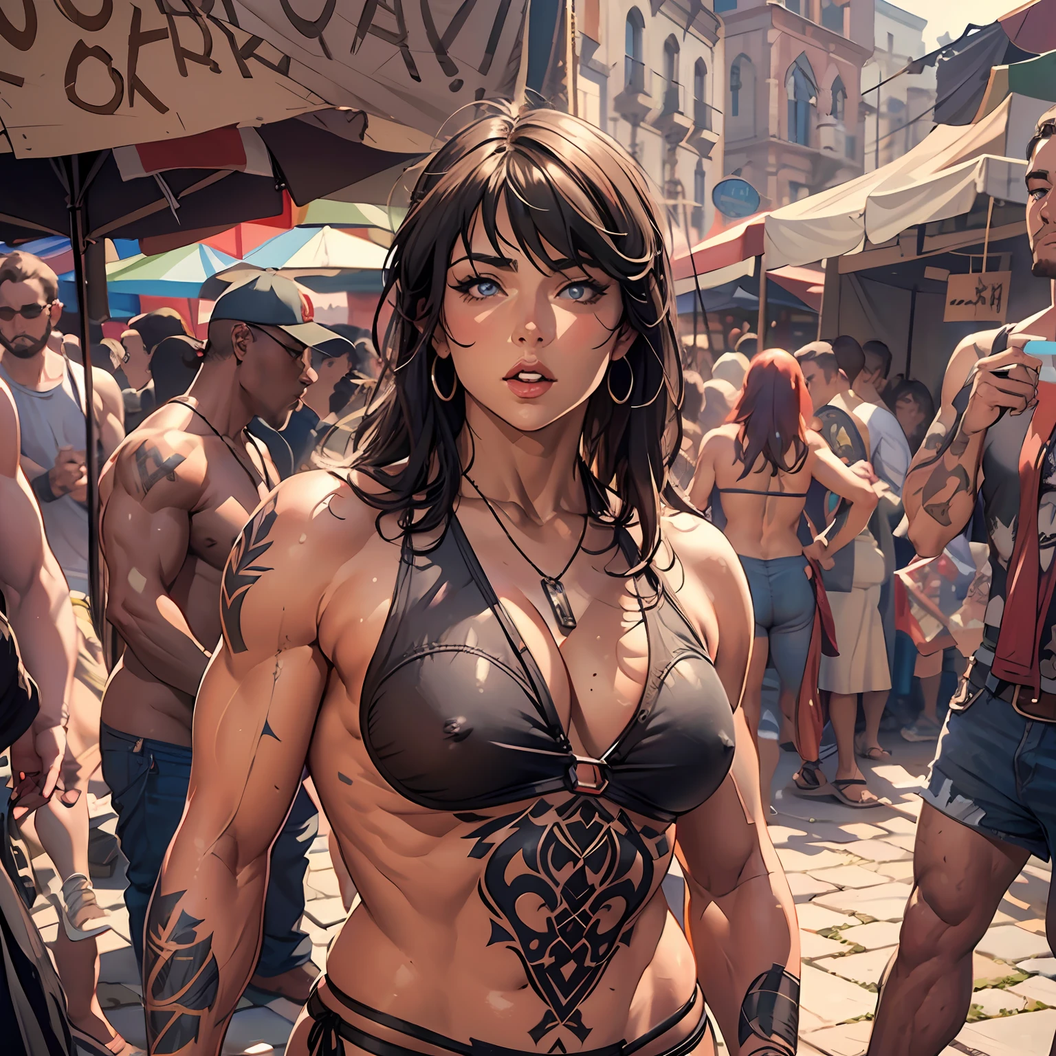 gorgeous very muscular body with tattoos "26 year old" tall barbarian woman ("lucy lawless"), in a busy medieval street market (crowded with people), solo, dust, dirt, very muscular body, muscular arms with veins bulging, body tattoos, pale skin, (from side), shoulder length black hair, "no shirt", wearing leather acessories, (nearly without clothes:1.6), areola slip, perfect abs, very muscular legs, hairy pubes, pubic hair, bottomless, bare shoulders, breasts, thick eyebrows, thick eyelashes, ((masterpiece)), shiny skin, ass, UHD, best quality, highres, high details, 8k, sharpen focus, hot day, nasty, lewd, naughty, obscene