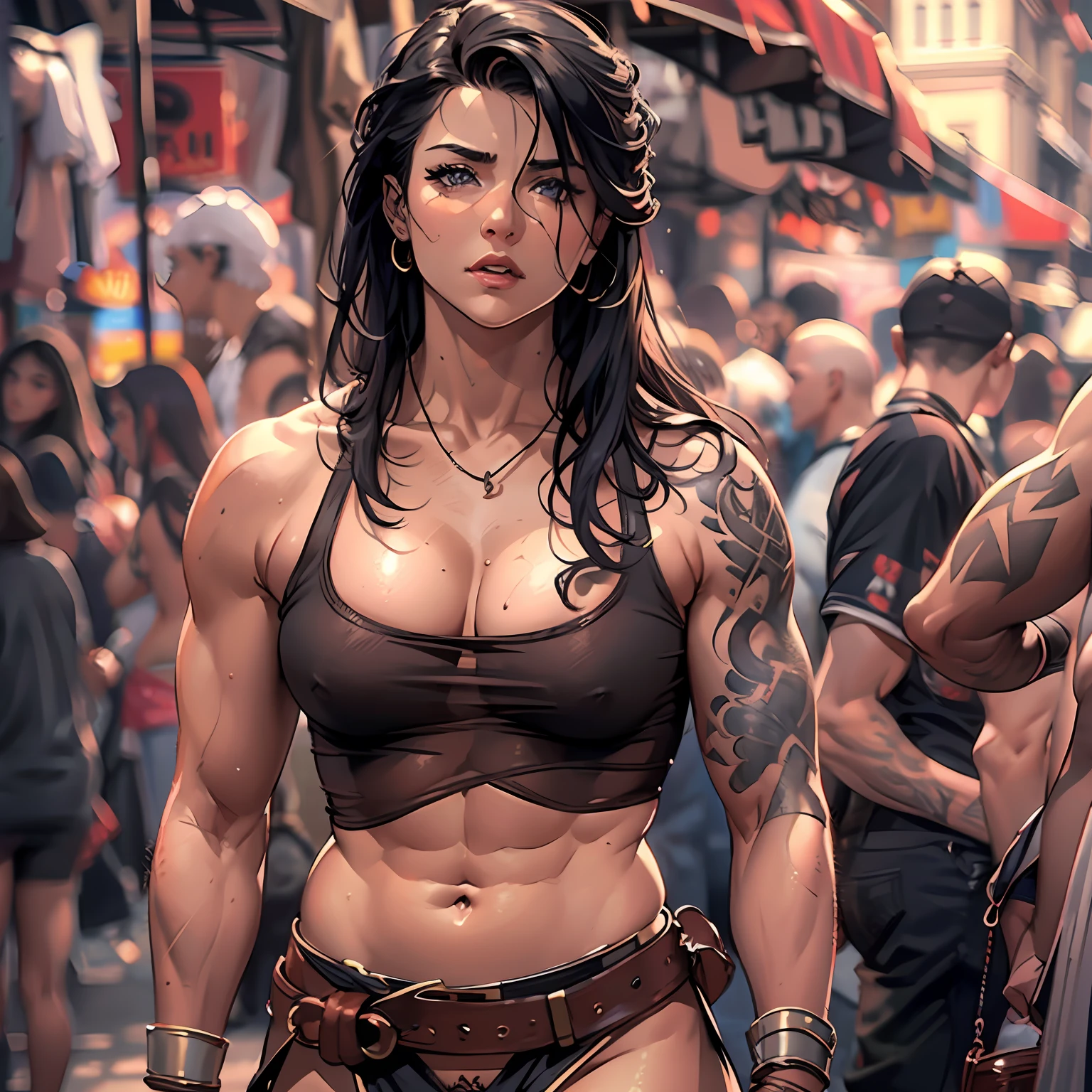 gorgeous very muscular body with tattoos "26 year old" tall barbarian woman ("lucy lawless"), in a busy medieval street market (crowded with people), solo, dust, dirt, very muscular body, muscular arms with veins bulging, body tattoos, pale skin, (from side), shoulder length black hair, "no shirt", wearing leather acessories, (nearly without clothes:1.6), areola slip, perfect abs, very muscular legs, hairy pubes, pubic hair, bottomless, bare shoulders, breasts, thick eyebrows, thick eyelashes, ((masterpiece)), shiny skin, ass, UHD, best quality, highres, high details, 8k, sharpen focus, hot day, nasty, lewd, naughty, obscene