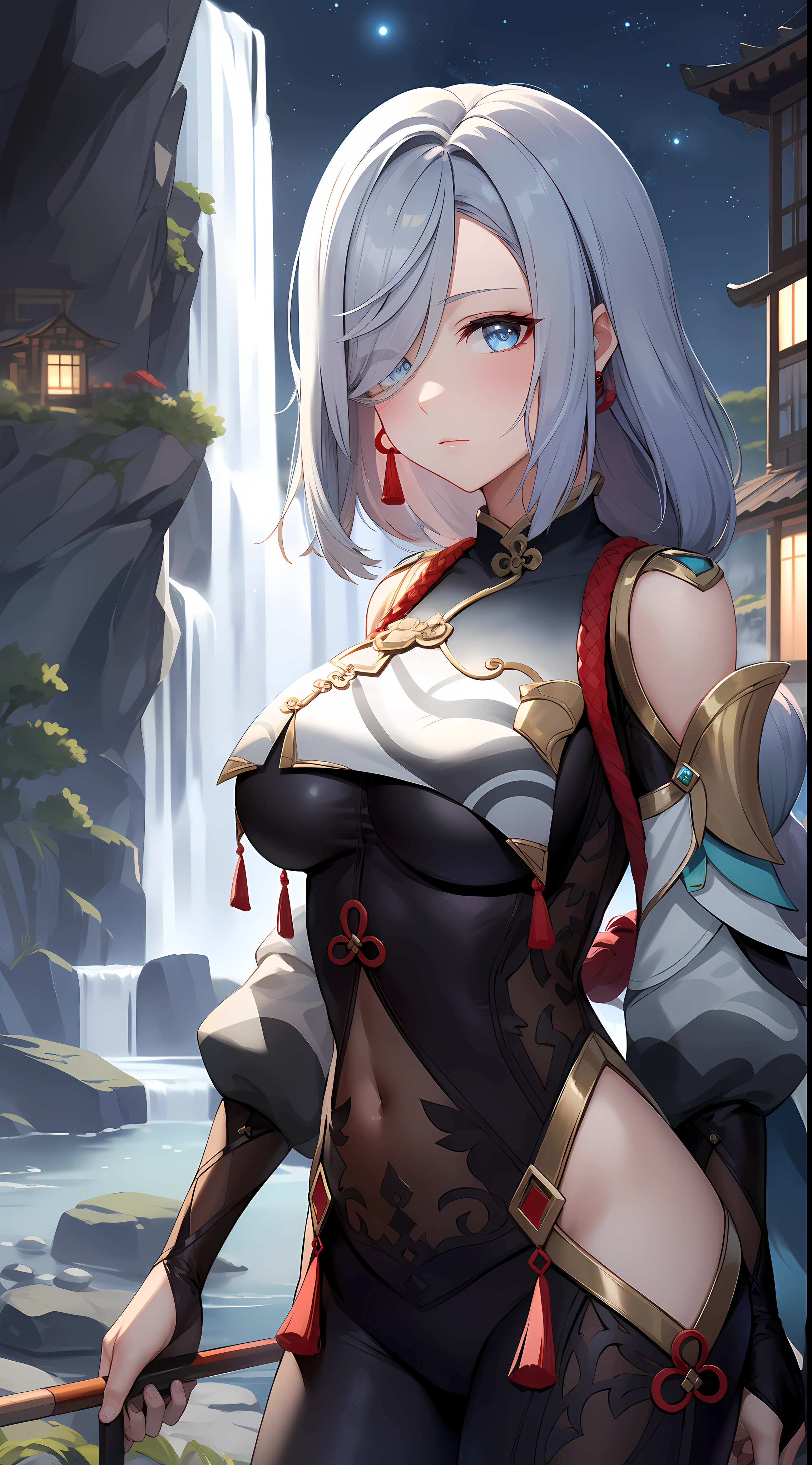 shenhedef, upper body, serious expression, blush, outdoors, night, liyue house background, night starry sky, short hair, sky, beautiful nature surrounding by waterfall, looking at viewer, mountain, moody lighting, (perfect detail eyes:1.2), glowing eyes, long hair braid