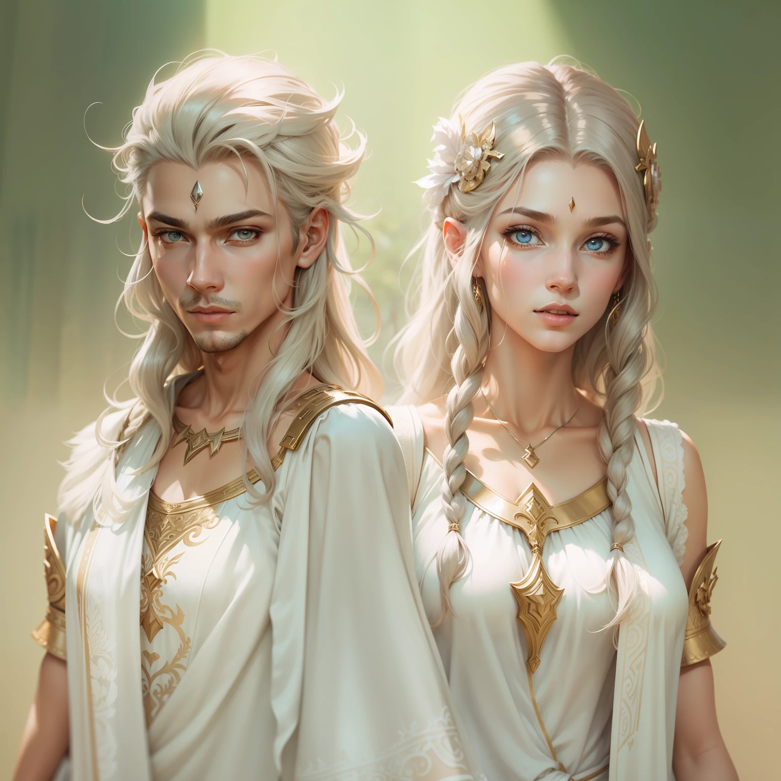 Twins, man and woman, fantasy characters, matching white Greek tunics, aloof, pretty, standing upright, fantasy art, character drawing, TTRPG, portrait