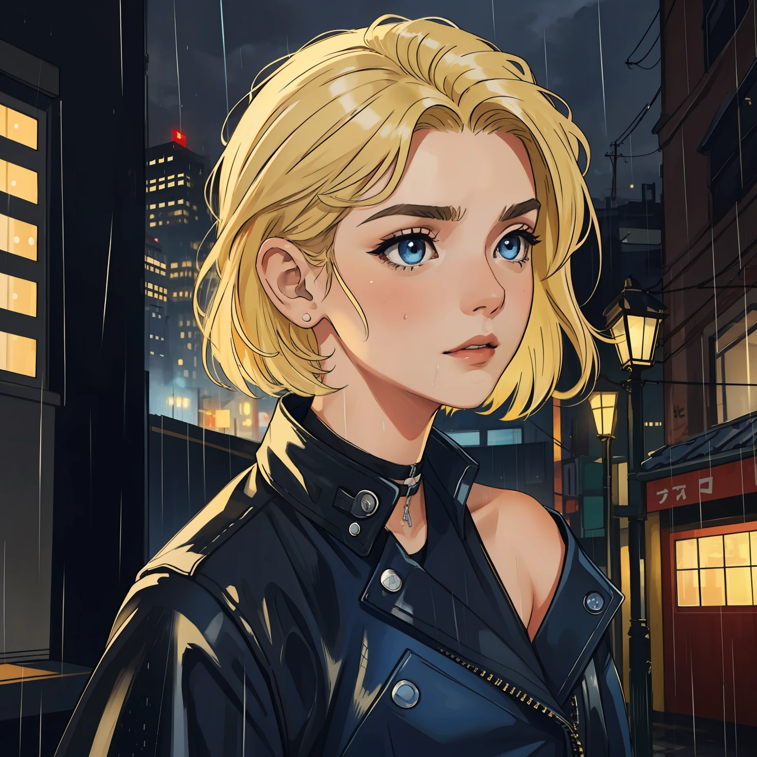 (obra-prima, melhor qualidade), detalhes intrincados, 8k, art-station, papel de parede, Arte Oficial, Arte Splash, foco nítido,
1 woman, short shoulder-length hair, entirely blonde hair, blue eyes, festive expression, black plunging top, raining, night looking at camera, buildings in the background buildings, cars, night lights in the background, impression of rain, Serious expression, raining, wearing a black leather jacket punk