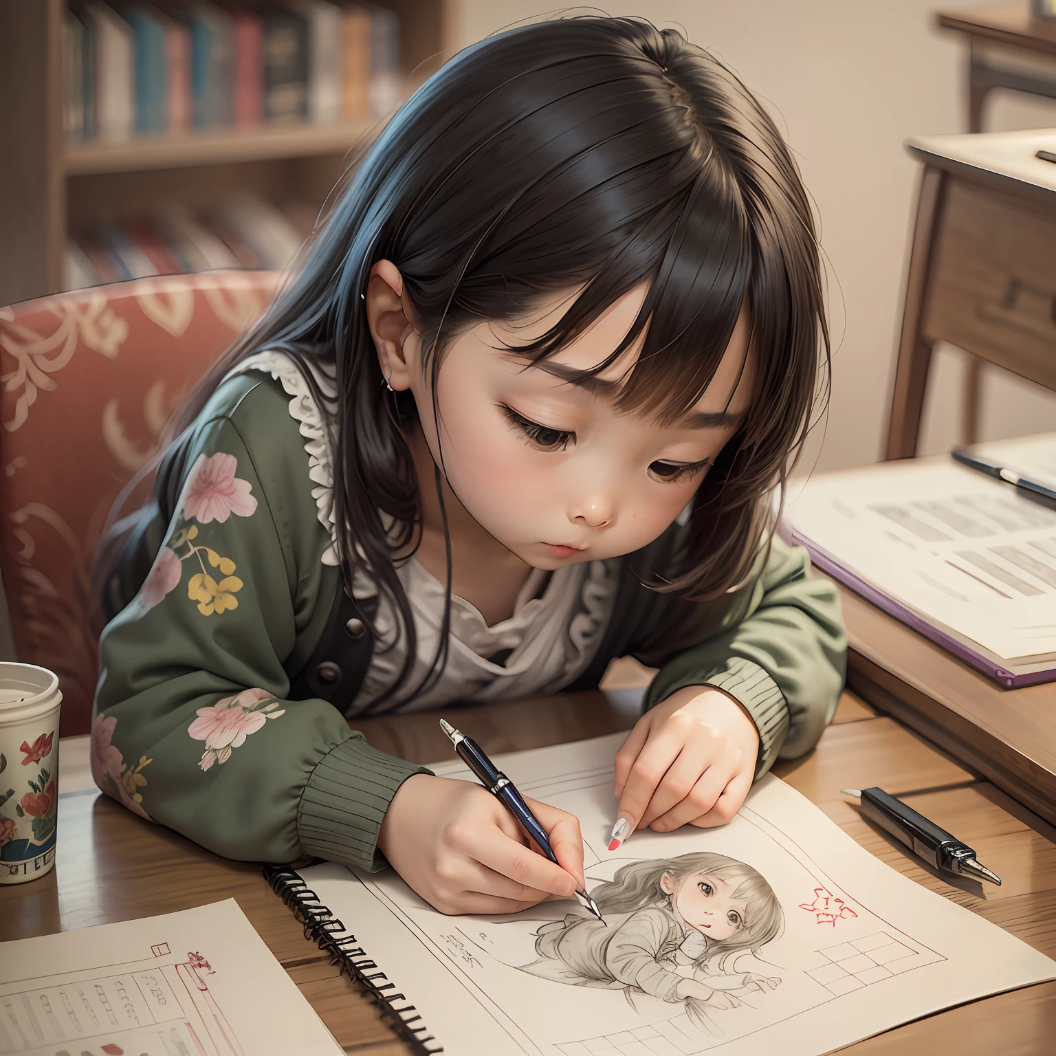 Little girl drawing at desk in China Quiet night
