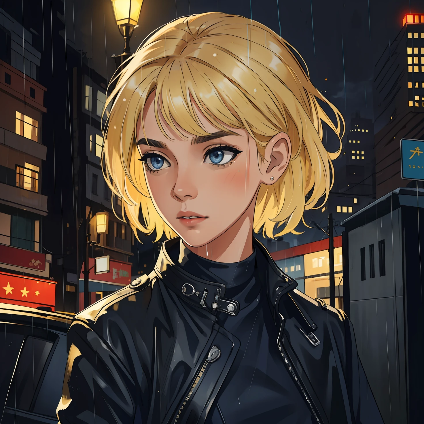 (obra-prima, melhor qualidade), detalhes intrincados, 8k, art-station, papel de parede, Arte Oficial, Arte Splash, foco nítido,
1 woman, short shoulder-length hair, entirely blonde hair, blue eyes, festive expression, black plunging top, raining, night looking at camera, buildings in the background buildings, cars, night lights in the background, impression of rain, Serious expression, raining, wearing a black leather jacket punk
