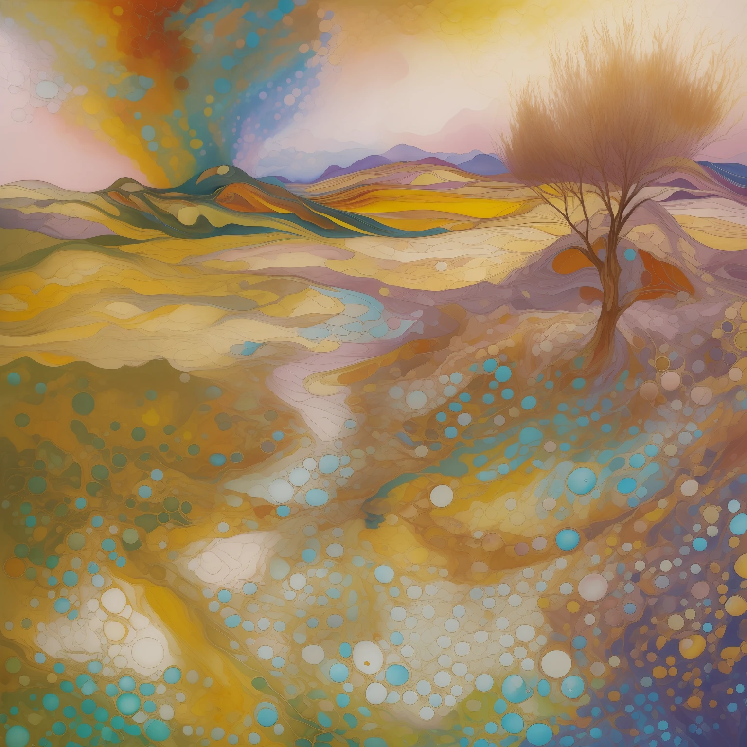 Illustration of an extremely beautiful country side in contemporary figurative diconstruction art, delicate hues, tiny BUBBLES, transmission fluid,oil,triadic alcohol ink marbling, acrylic DUTCH pour painting style by artist Carol Cavalaris ,Tara Turner, Marieka Diepenveen , contrasting hard lines with soft features and mixed emotions., by artist Jason Thielke, fine art, masterpiece,