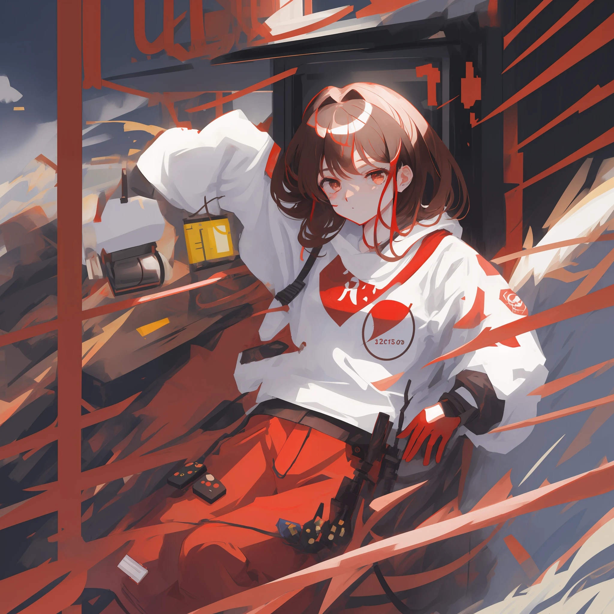 Girl 1, Red Katana, circuits, (white eyes:1.2), (dark colored hair:1.2), bloods