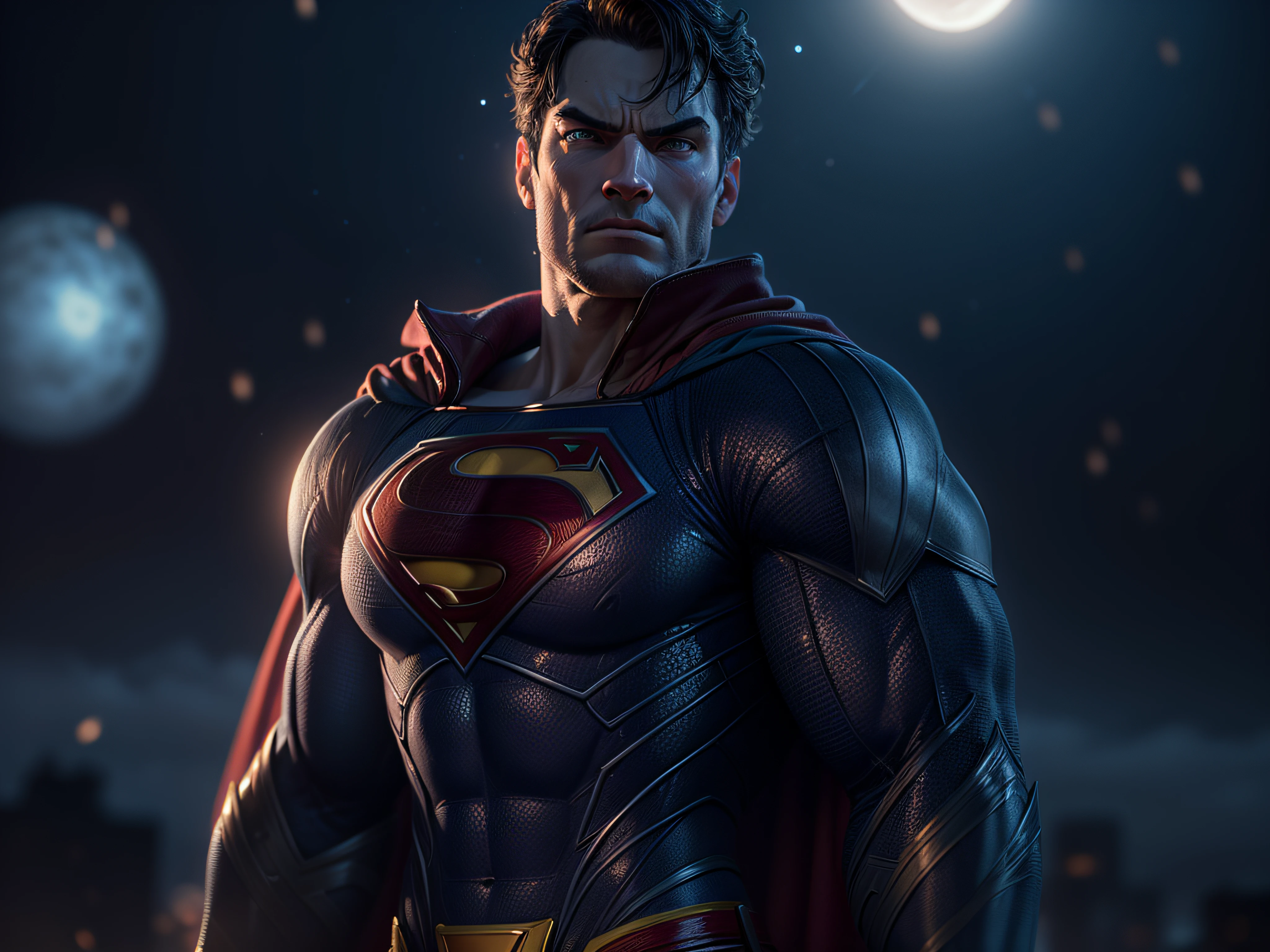 Close a powerful threat, Superman's Imposing Appearance, menacing stare, ricamente detalhado, Hiper realista, 3D-rendering, obra-prima, NVIDIA, RTX, ray-traced, Bokeh, Night sky with a huge and beautiful full moon, estrelas brilhando,