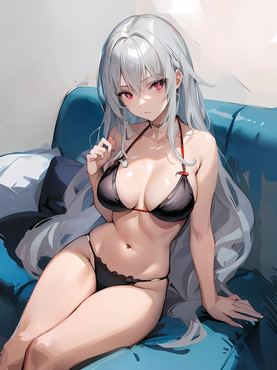 Bikini anime girl sitting on blue sofa, seductive anime girls