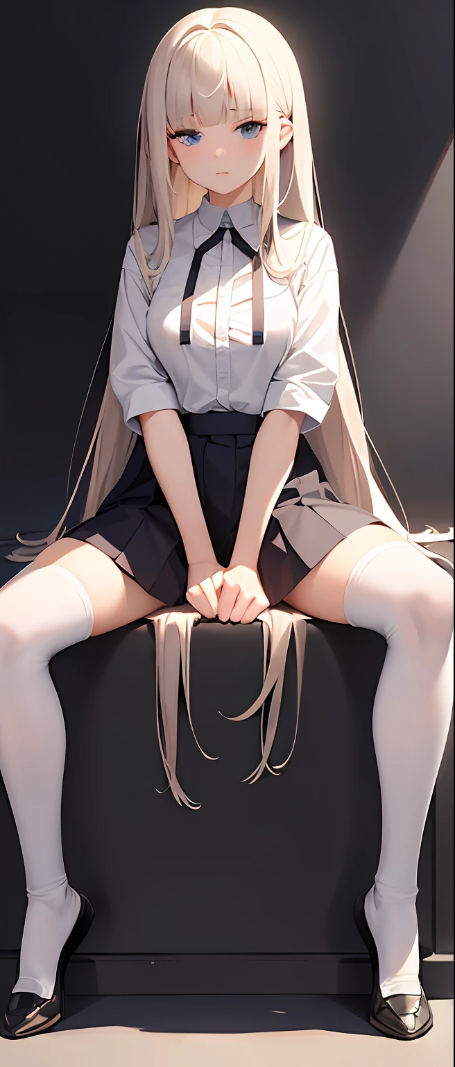 best quality,masterpiece,white background,white shirt,short pleated skirt,whole body,Fair skin,blunt bangs,gladient hair,loosen clothing around the neck,folding arms,look down on,extremely long hair,spreading hair,ivory hair,spreading legs,loafers,over knee socks,black socks,troll face,squat down