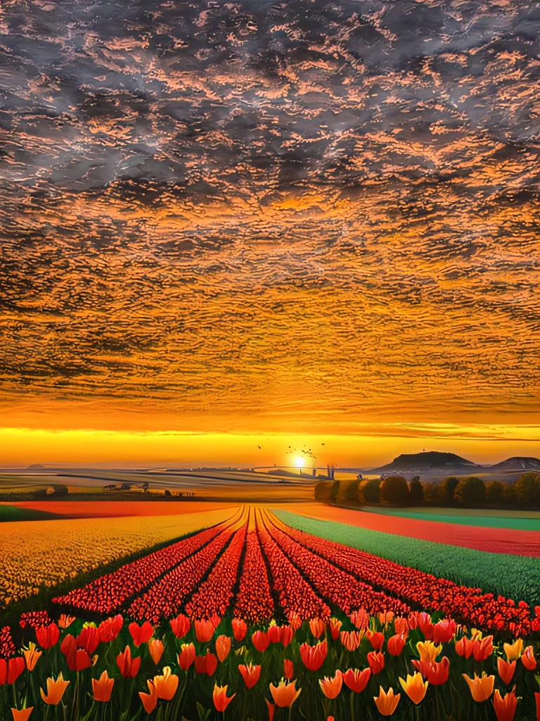 Allafed tulip field，The background is sunset, Inspired by Phil Koch, author：Phil Koch, vibrant sunrise, at sunrise in springtime, beautiful sunrise, floral sunset, breathtaking landscape, epic sunrise, heavenly landscape, breathtaking shot, golden rays, Early morning sunrise, the brilliant dawn on the meadow, sunset warm spring, Amazing landscape, golden morning light