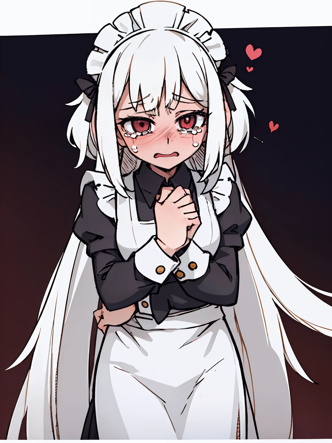 A girl frontal,((full bodyesbian,Long curly white hair,the maid outfit,streaming tears)),Calf white silk,Put your hands in front,Young, White background