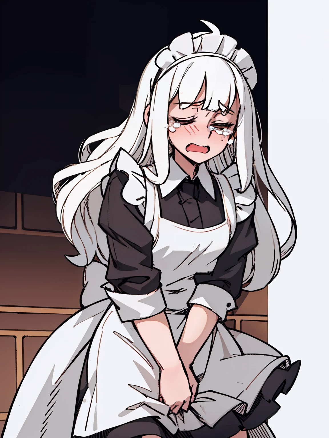 A girl frontal,((full bodyesbian,Long curly white hair,the maid outfit,streaming tears)),Calf white silk,Put your hands in front,Young, White background