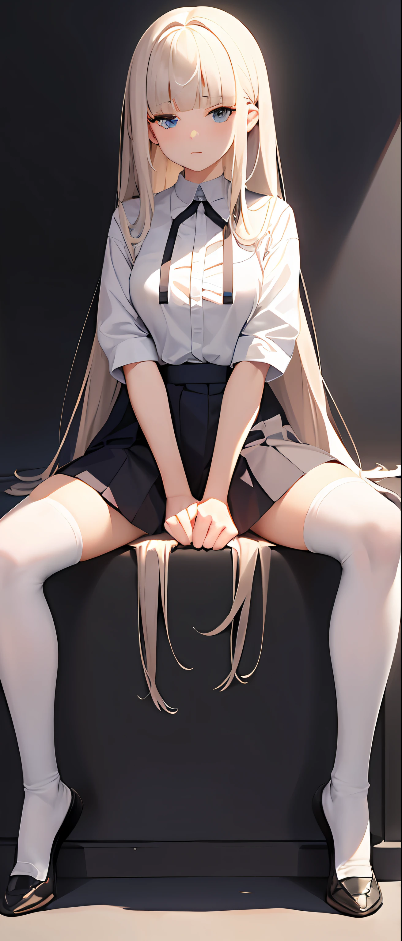 best quality,masterpiece,white background,white shirt,short pleated skirt,whole body,Fair skin,blunt bangs,gladient hair,loosen clothing around the neck,folding arms,look down on,extremely long hair,spreading hair,ivory hair,spreading legs,loafers,over knee socks,black socks,troll face,squat down
