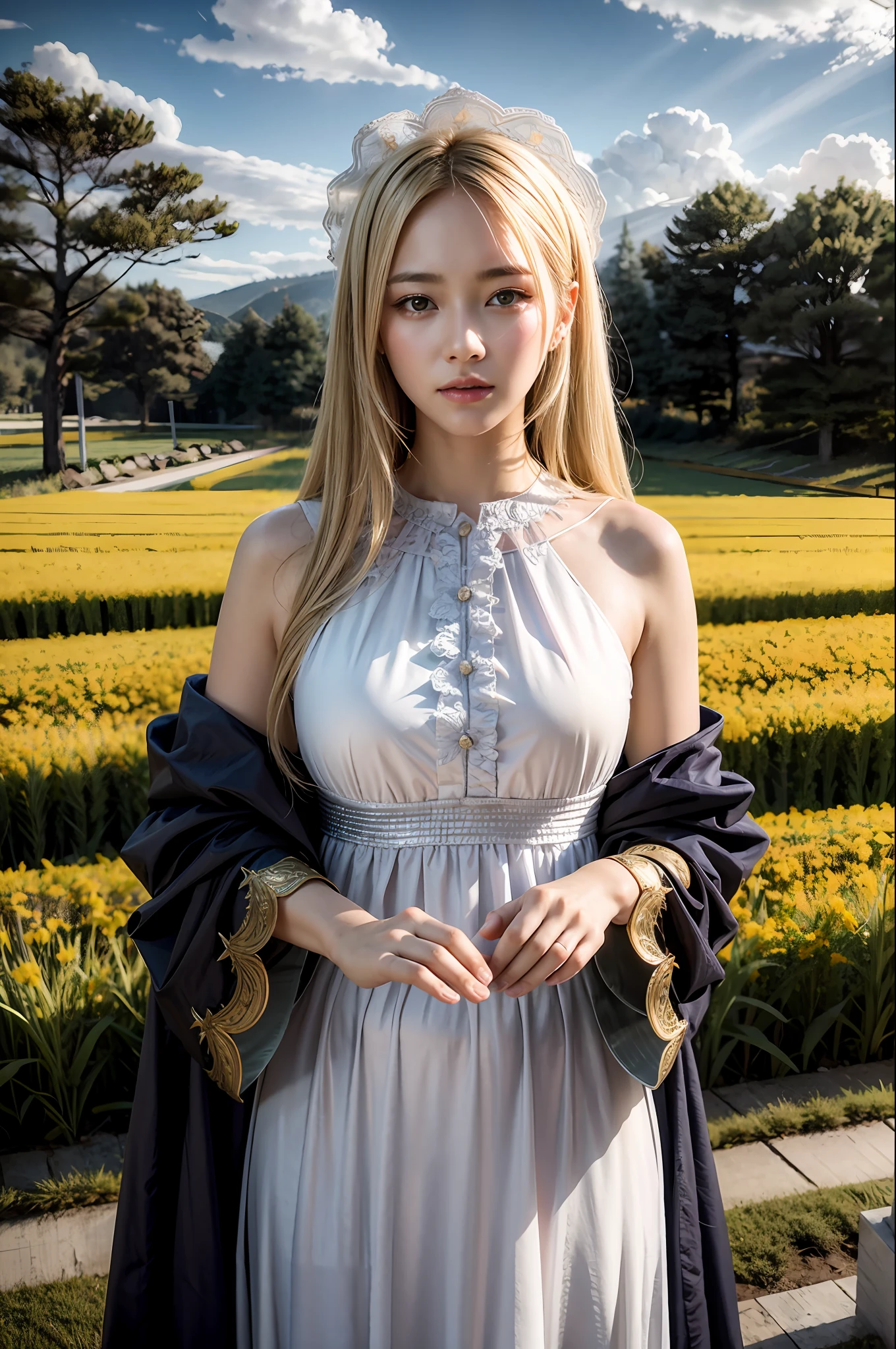 （Fidelity：1.3），filigree，quality，Rembrandt lighting，（tmasterpiece：1.2），（Fidelity：1.2），（best qualtiy），（skin detailed：1.3），（Complicated details），dramatics，Ray traching，South Korean beauties，blond hairbl，Beautiful breasts，（grassy fields，suns，​​clouds，farms，starlights，footpath）
