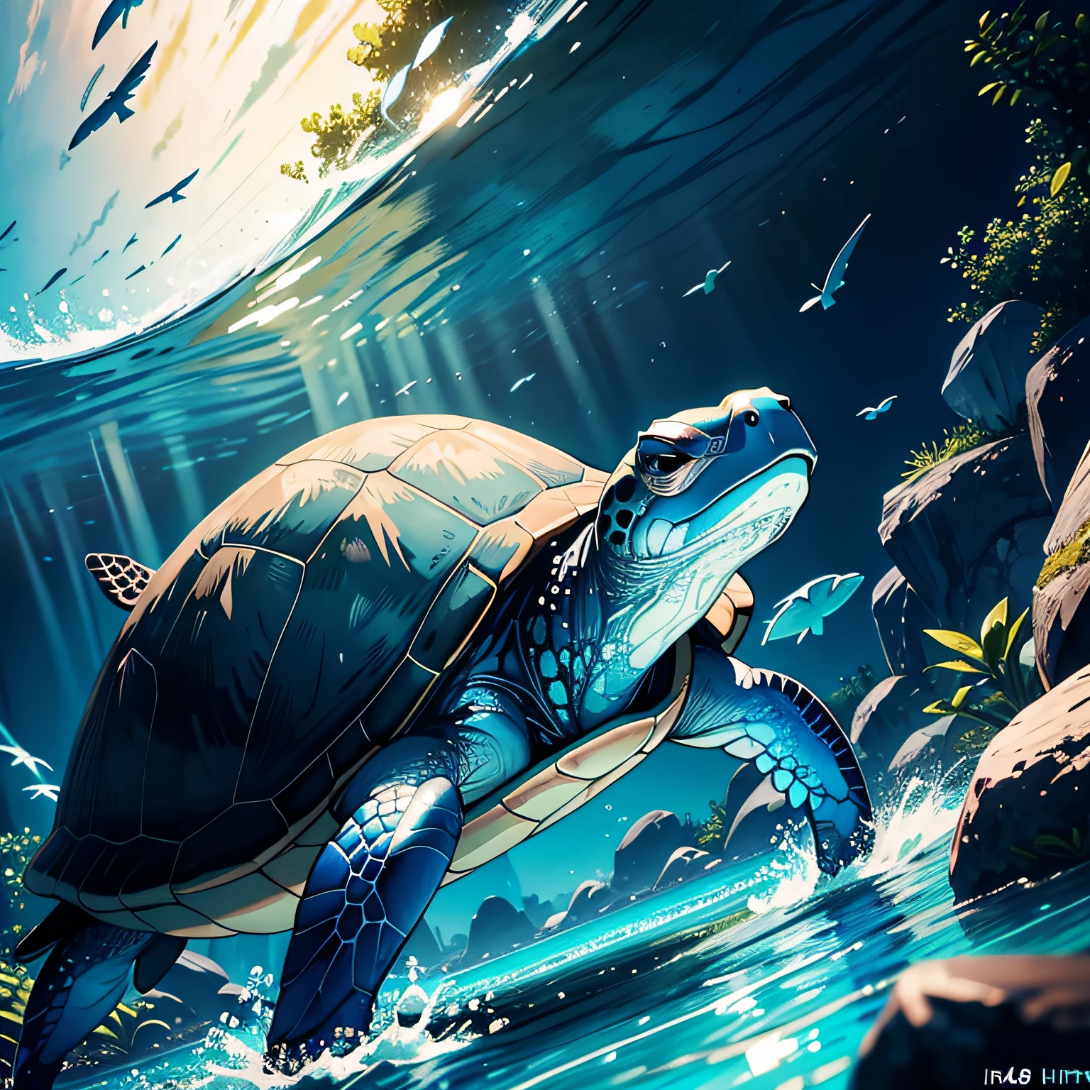 A turtle，Turtle，blue colors，in  the water，Ultra HD masterpiece，imagem de qualidade alta
