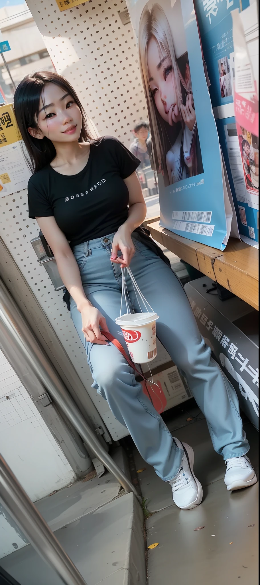 ultra - detailed, A high resolution, (Realistic, photo-realistic:1.4), 8K, yes, RAW photo, (Masterpiece), (Best quality), Physically-based rendering, Chinese female college student，The corners of the eyes droop slightly，Hypertrophy of the chest，On the streets of bustling Beijing，She sat confidently，Enjoy the sweetness of street food，Smile at passers-by，Feel the vitality and vibrancy of the city。Photorealistic photography，professional colorgraded，8K，F2.4，35mm。