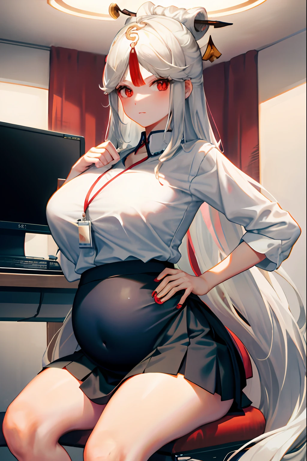 ningguangrnd， 1girll， 独奏， （（white  shirt））， black thighhigns， nedium breasts，， 校服， office backdrop， a black skirt， pleatedskirt， office room， hair between eye， hair adornments，big cleavage breasts， long whitr hair， looking at viewert， silber hair， silver short nails， red eyes， 独奏， Thighs, thighs， upper legs， long whitr hair， （（tmasterpiece））， Sat down， a chair， Study desk， Computer on the desk， name badge， ID tags， inside in room， Be red in the face， sexyposture，pregnant belly，Pregnant belly