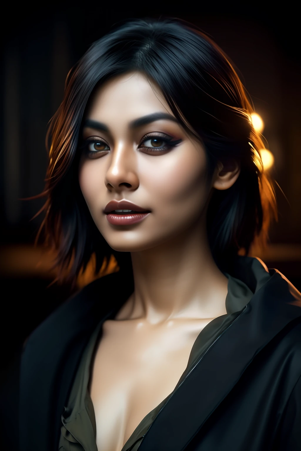portrait of a beautiful Bangladeshi lady with dark makeup, hyper detailed photography, soft light, head, well shaped both breast with nipples, best quality, (detailed beautiful face, detail skin texture, ultra-detailed body:1.1) Steps: 35, VAE: vae-ft-mse-840000-ema-pruned, Size: 512x768, Seed: 2784752001, Model: CyberRealistic_V3.1, Parser: Full parser, Sampler: DPM++ 2S a Karras, CFG scale: 6, Clip skip: 1,  Hires upscale: 1.7, Hires upscaler: 4x_NMKD-Siax_200k, Denoising strength: 0.45 , (highly detailed face:1.4) (smile:0.7) (background inside dark, moody, private study:1.3) POV, by lee jeffries, nikon d850, film stock photograph ,4 kodak portra 400 ,camera f1.6 lens ,rich colors ,hyper realistic ,lifelike texture,