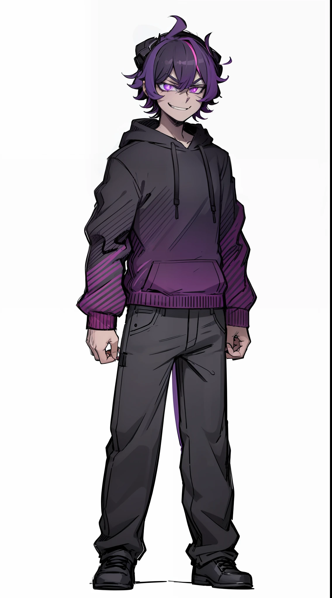 badass, antagonist, multicolored, dark hair, purple hair, pink pupil, 1boy, smug, smile, black purple hoodie, black jean, black shoe