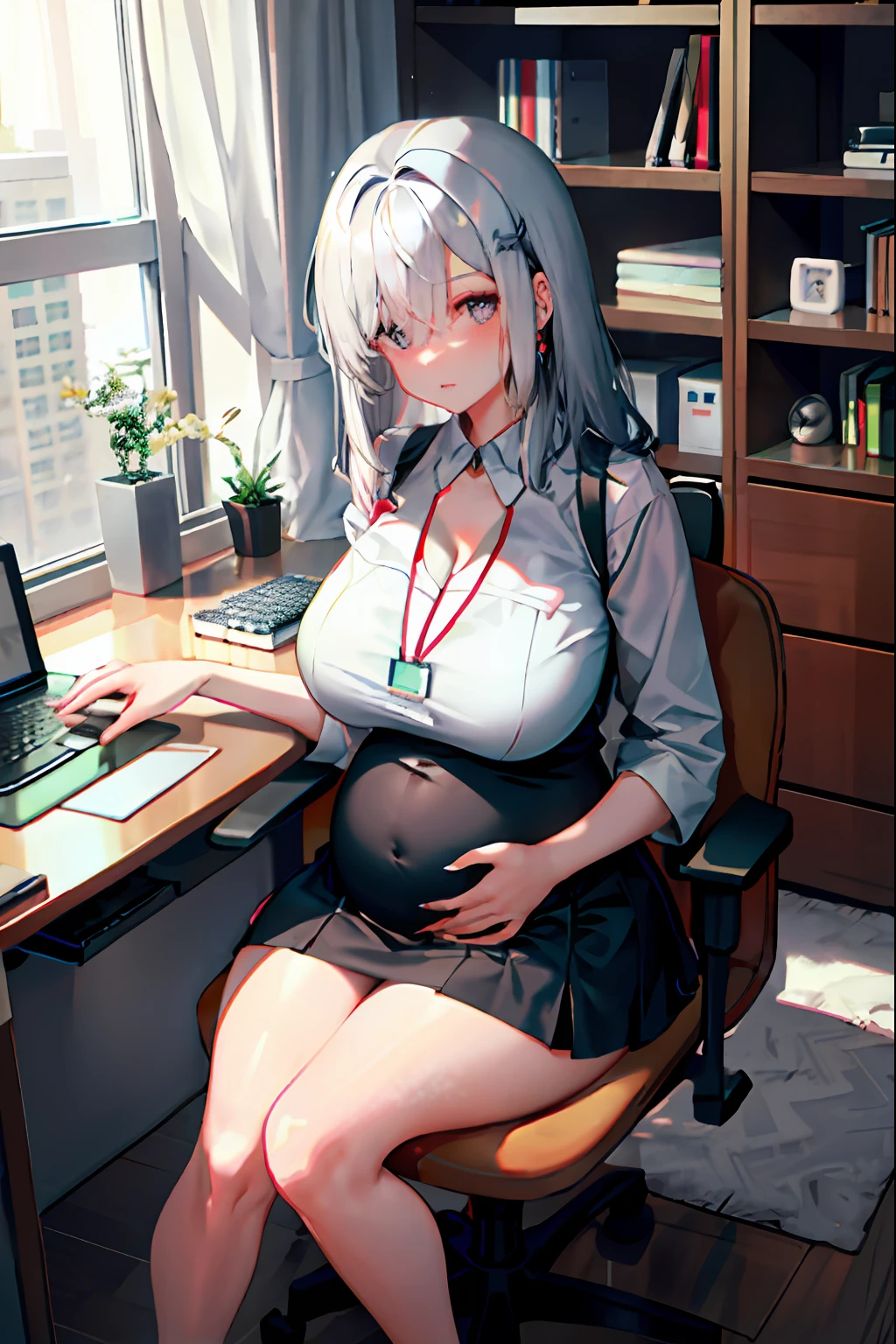 shenhe， 1girll， 独奏， （（white  shirt））， black thighhigns， nedium breasts，， 校服， office backdrop， a black skirt， pleatedskirt， office room， hair between eye， hair adornments，big cleavage breasts， long whitr hair， looking at viewert， silber hair， silver short nails， Silver eyes， 独奏， upper legs， upper legs， long whitr hair， （（tmasterpiece））， Sat down， a chair， Study desk， Computer on the desk， name badge， ID tags， inside in room， Be red in the face， a sexy pose，pregnant belly，Pregnant belly