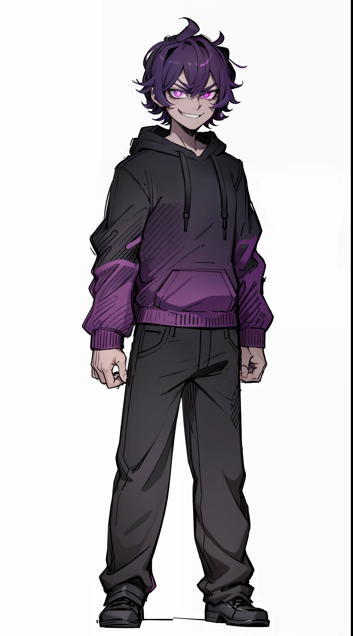badass, antagonist, multicolored, dark hair, purple hair, pink pupil, 1boy, smug, smile, black purple hoodie, black jean, black shoe