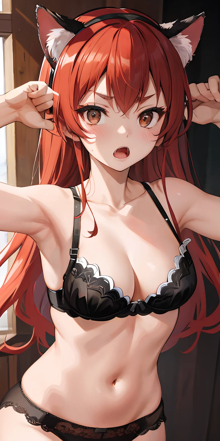 masterpiece, top quality, high resolution, solo, see-throuh,misaligned bra, cat hair ears rough breath, sexual expression, open mouth, wearing underwear, shoving cleavage, drooling