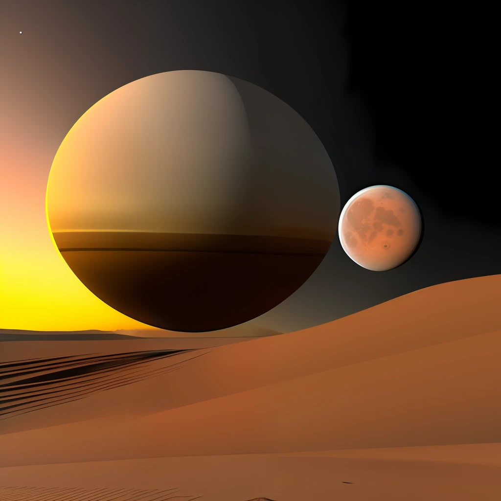 Create a detailed image of a house located on the surface of Titan, a maior lua de Saturno. The house should be designed in a unique and futuristic way, with striking features and a well-groomed appearance. Certifique-se de incluir um belo jardim ao redor da casa, with exotic vegetation that adapts to the alien environment.

A paisagem de Titan deve ser retratada com cuidado, with the characteristic surface of this moon, que possui lagos e mares de hidrocarbonetos, as well as mountains and dunes. Ao fundo, it is essential to display the majestic sight of Saturn in all its splendor, with the imposing rings and the surrounding atmosphere.

Whip up the details and colors to create a stunning, lifelike image that transports the viewer to this alien and wonderful world. Remember that perspective and lighting must be in harmony to bring life to the scene.
