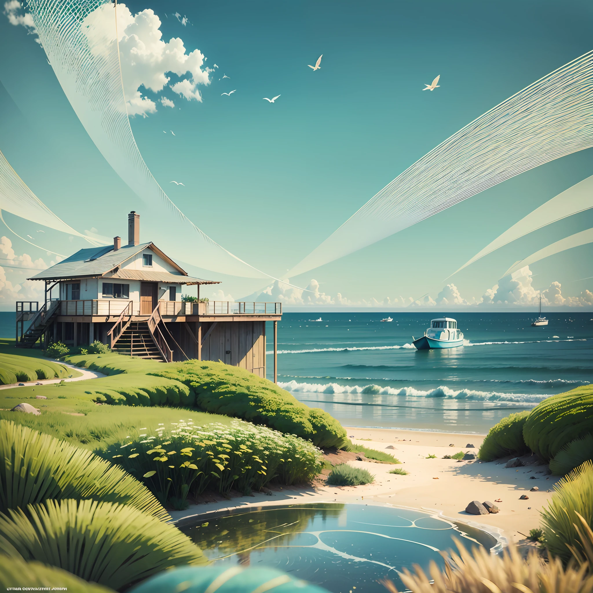 [(fundo branco: 1.5):5], isometric hexagon OR, obra-prima, melhor qualidade, ultra-detalhado, illustration, scenecy, ultra alta res, (fundo branco: 1.5), sem humanos, paisagem, tree, ao ar livre, heaven, grama, dia, nuvem, water, blue skies, construction, (flor: 1.1), natureza, casa, (bird: 1.4), janela, rio, arbusto, murro grande de pedras, Casa com portas, quadro na parede da casa com imagem da mesma praia com o mar agitado. --auto --s2