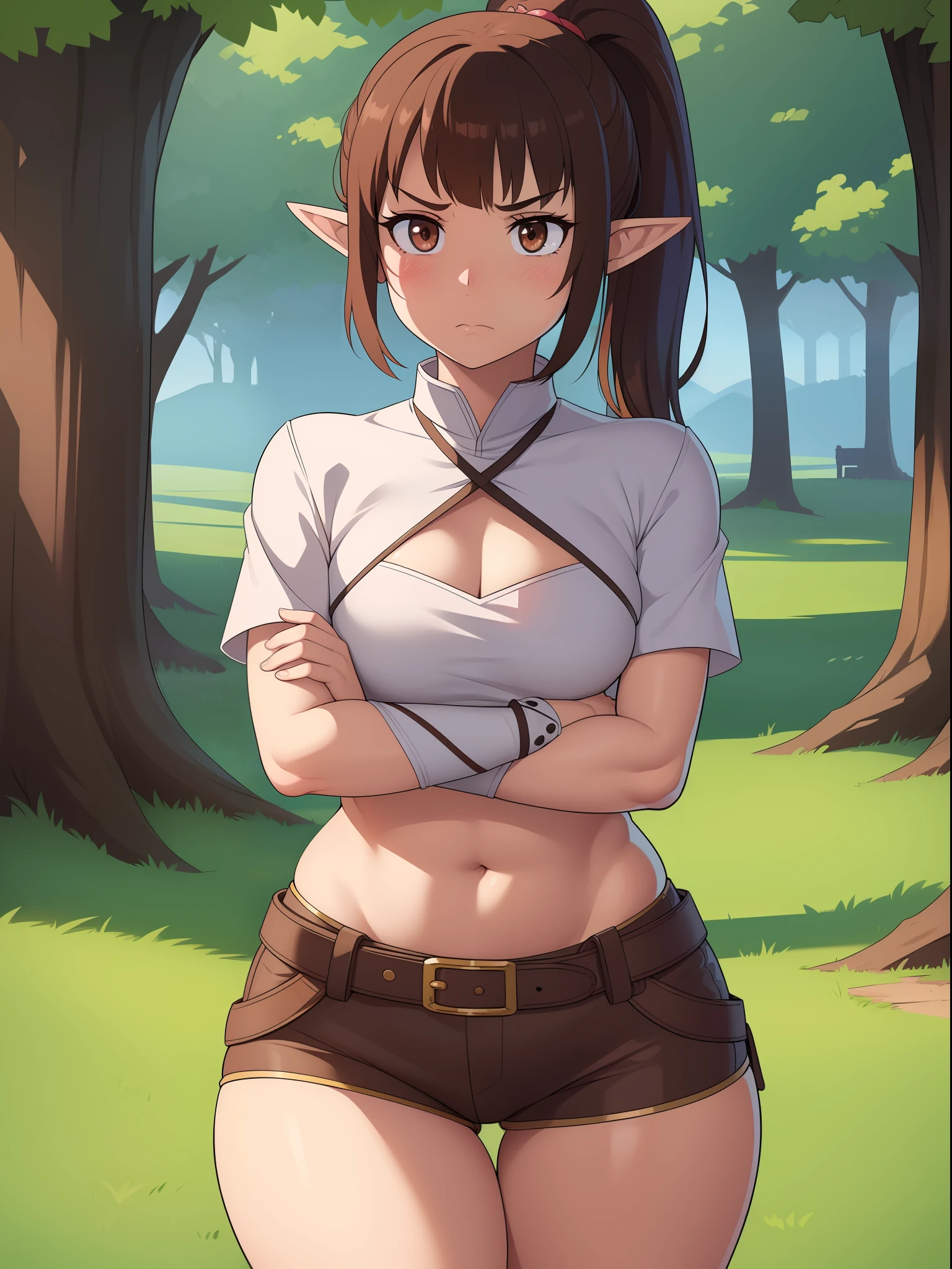 (((kipteitei art))), ((masterpiece)), (((best quality))), ((ultra-detailed)), detailed face, ultra cute face, detailed body, (((illustration))), (1girl), (solo), ((Line art)), (in the style of cell shaded), (vivid colors), skindentation, fantasy world, (medieval fantasy town), isekai, medium brown hair, ponytail, brown eyes, elf, looking at viewer, arms crossed, cowboy shot, unhappy, blush, frustrated, laced crop top, belt, dagger holster on belt, brown shorts, thigh belt, small breasts, perky breasts, ((wide hips)), (thick thighs), thigh gap,