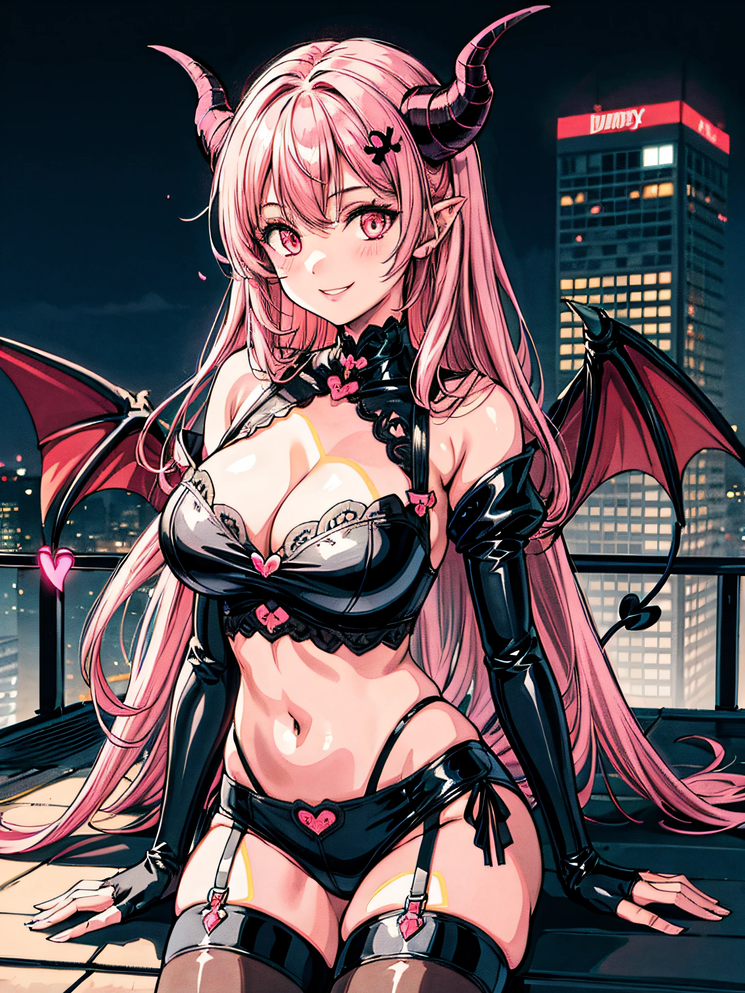 1 demon girl, Horns, Demon wings, Tail, Pink Long Hair, Glowing eyes, Hair ornaments, Provocative, attractive smile, break dance, on a rooftop, Night, view the viewer, Middle Ages, Intricate, Cherry pink theme, Pink tone, illustration, underdressing,pantiess,navel,cleavage,Large breasts,