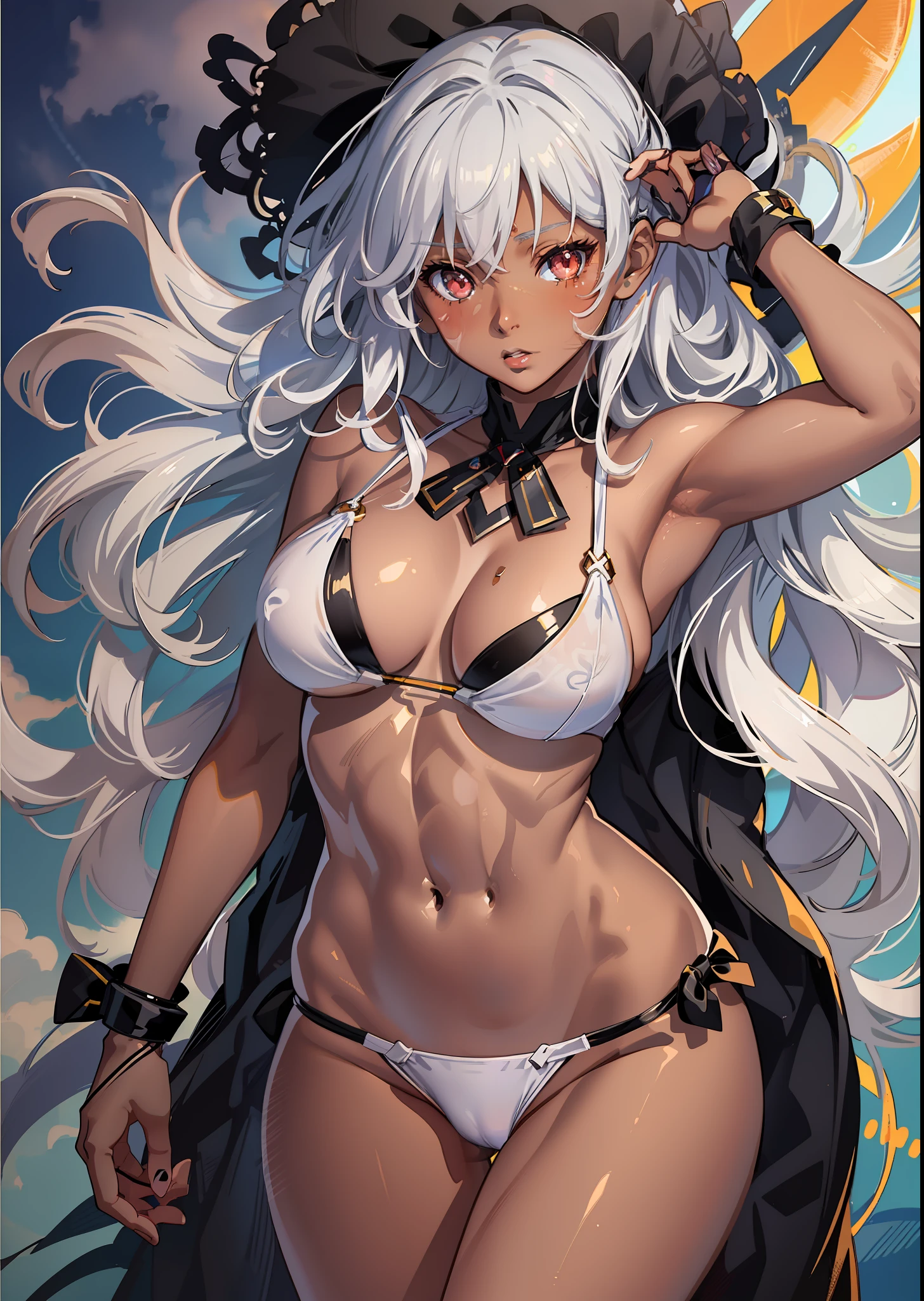((((Top image quality、masuter piece、top-quality、Healthy images、Long body、large full breasts、Split abs、Silver hair、Brown skin color、Red Eyes、Dynamic Poses、A look of shame、The bikini、maikurobikini、White Bikini)))、(((Very marked camel toe)))、sea side、Happy look、(((((Black skin))))),((((darkskin)))),((sun burn))、Realistic skin type、an anime girl、Detailed Digital Anime Art、A seductive anime girl、extremely detailed art germ、a hyperrealistic schoolgirl、Ilyakukvshinov、Smooth Anime CG Art、Ultra Realistic Woman、ig model、ArtGerm、photo-realistic anime girl、digital anime art