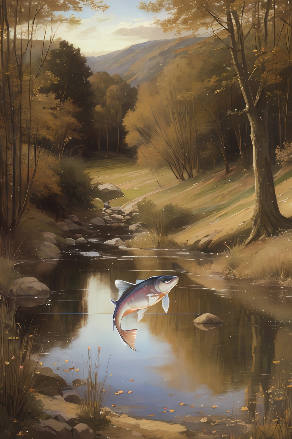 painting of a fish jumping from a river in a wooded area, Directed by: David B. Fosco, Directed by: Scott Gustafson, cena serena, darrell k doce, Directed by: Richard Sedlon, Directed by: Harold Sandys Williamson, Directed by: Michael James Smith, Directed by: David G. Sorensen, Hildebrandt, Anderson Allen, Chris Moore", Directed by: Otakar Kubin