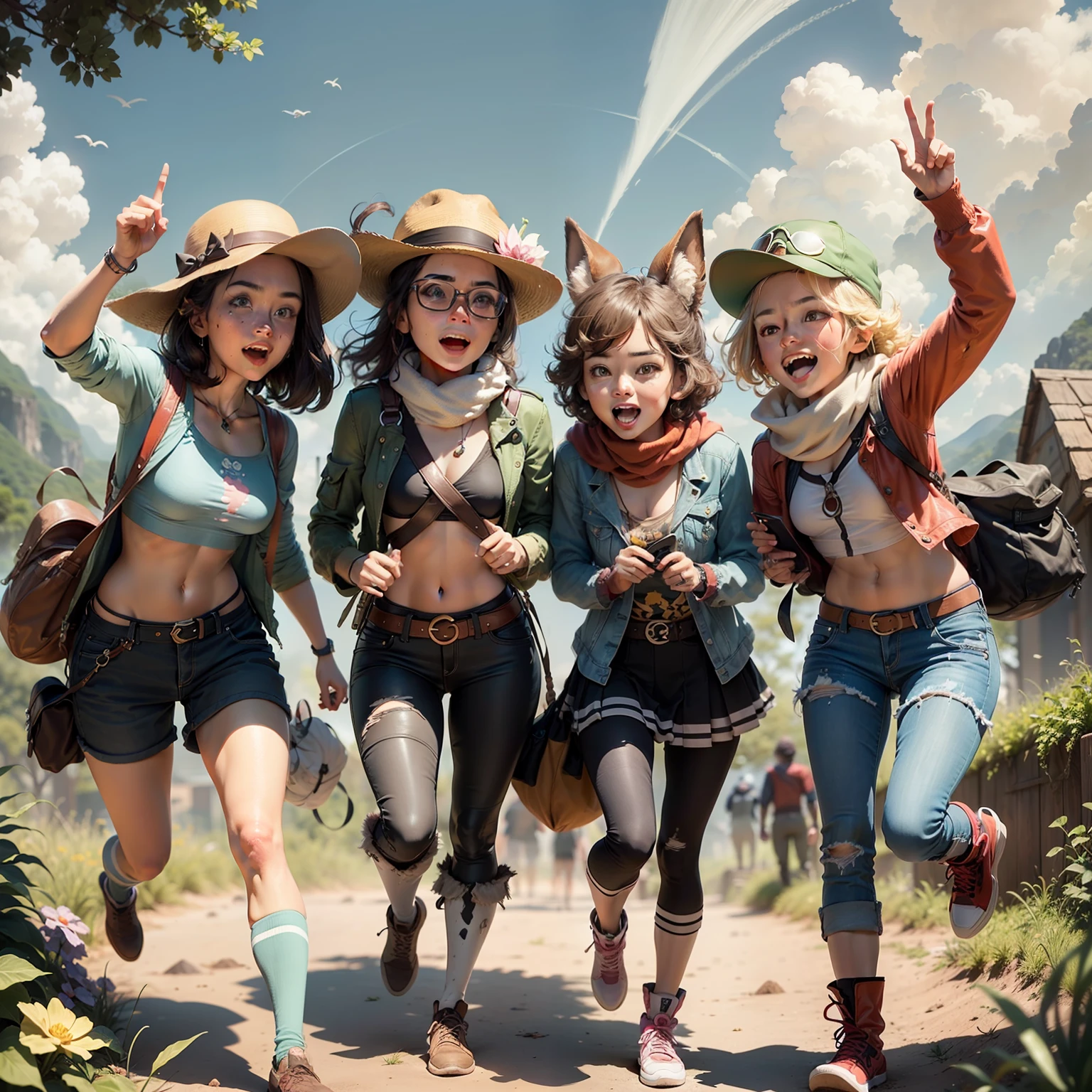 4 Amigos Aventureiros: A colorful illustration showing the four friends together, segurando um mapa, with expressions of excitement and determination on their faces. Ao fundo, A mysterious setting with elements that indicate the journey they are about to begin full of exciting adventures.