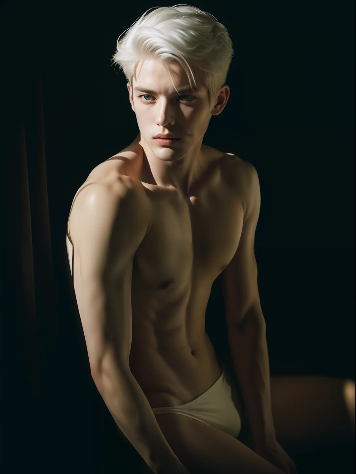 Portrait photo of young and handsome man , 20 years old , white hair , wearing nothing,  artistic portrait , sexy posing , dark light , art , cinematic elegance, elegantly formal