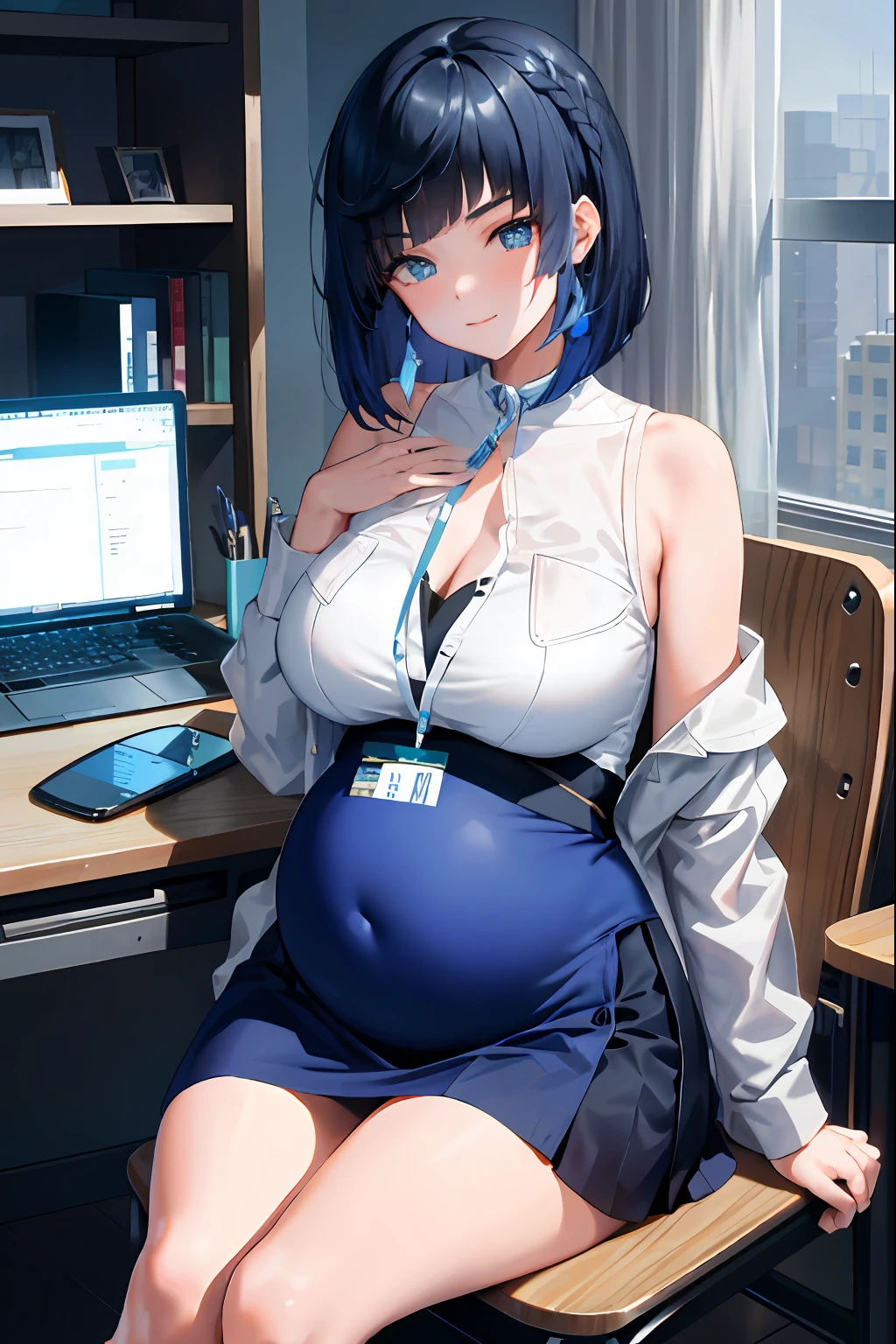 YELAN, 1girll, 独奏, ((white shirt)), black thighhigns, nedium breasts,, 校服, office backdrop, a black skirt, pleatedskirt, office room, hair between eye,big cleavage breasts, short detailed hair, looking at viewert, Blue hair, Short blue nails, eBlue eyes, 独奏, upper legs, upper legs, long whitr hair, ((tmasterpiece)), Sat down, a chair, Study desk, Computer on the desk, name badge, ID cards, inside in room, Be red in the face, sexyposture,pregnant belly,Pregnant belly