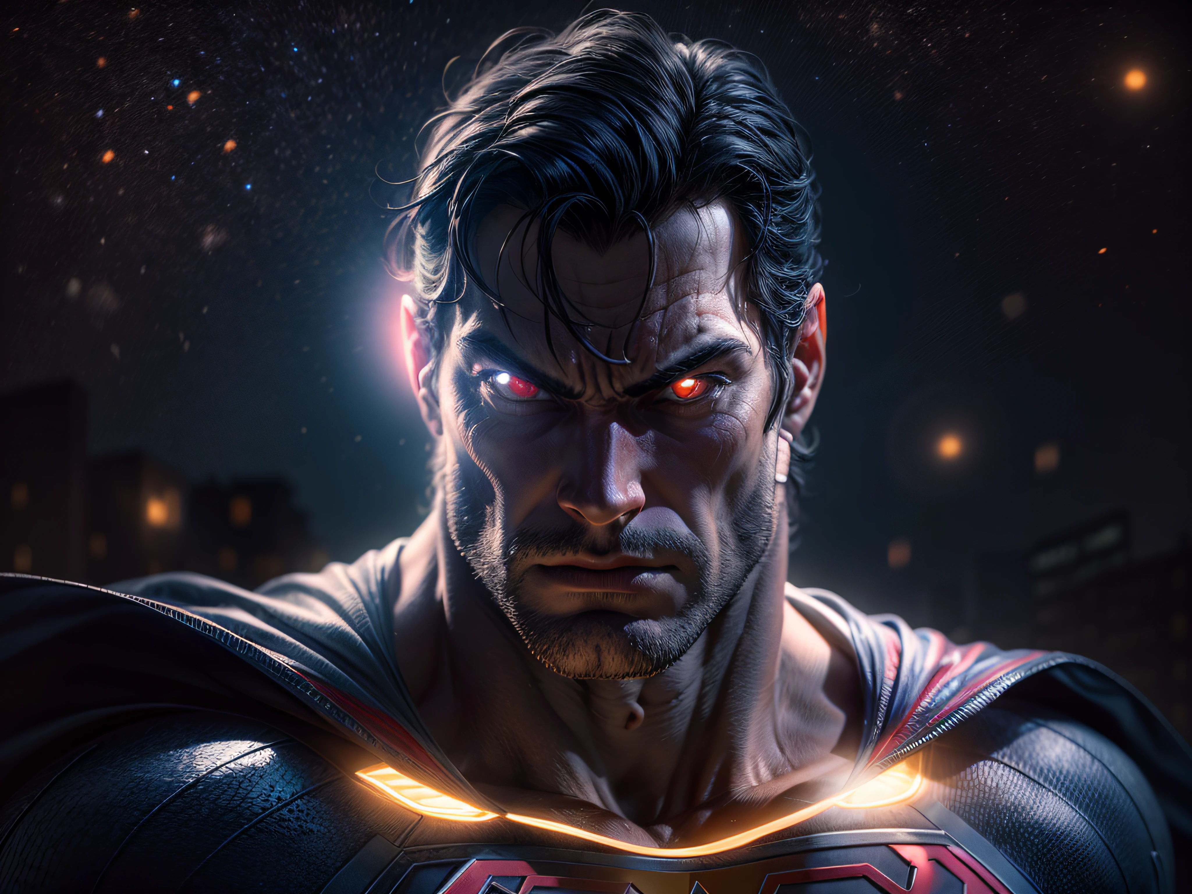 Close a powerful threat, Superman's Imposing Appearance, menacing stare, ricamente detalhado, Hiper realista, 3D-rendering, obra-prima, NVIDIA, RTX, ray-traced, Bokeh, Night sky with a huge and beautiful full moon, estrelas brilhando,