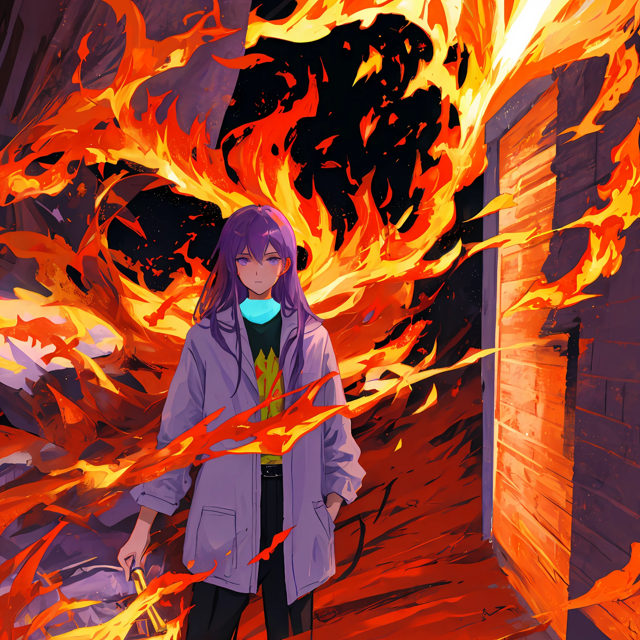In the fiery red sea of fire stood a man with long purple hair